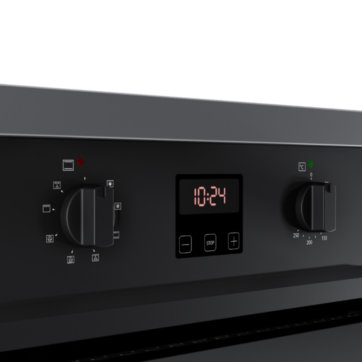 Close-up of black oven controls with a digital display showing 10:24 and knobs.