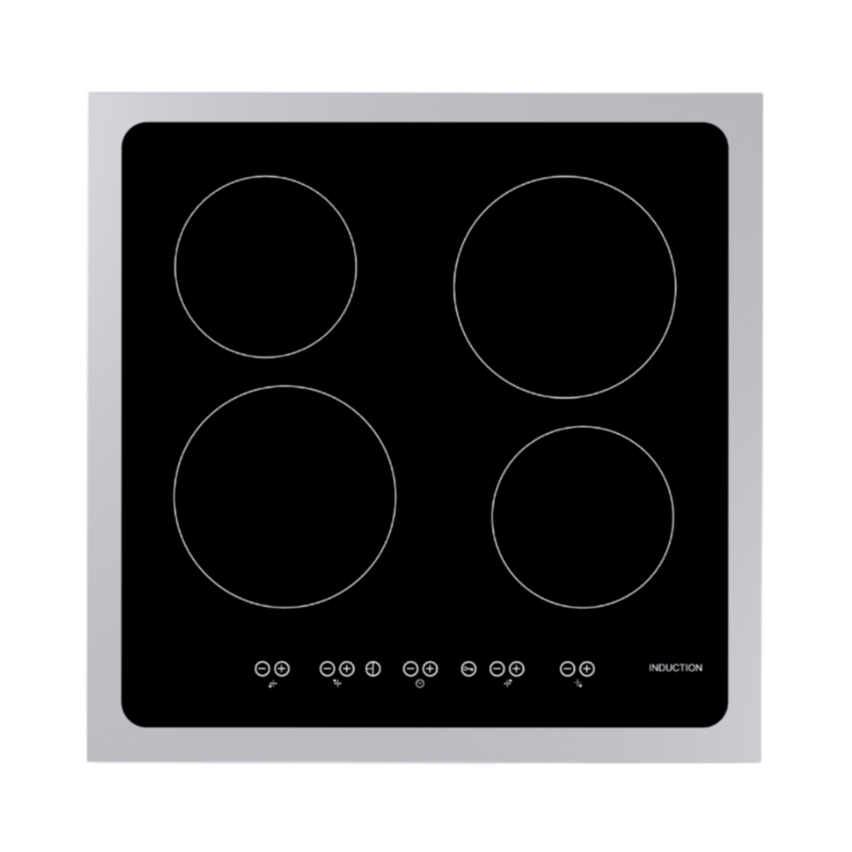 Black induction cooktop with four circular burners.