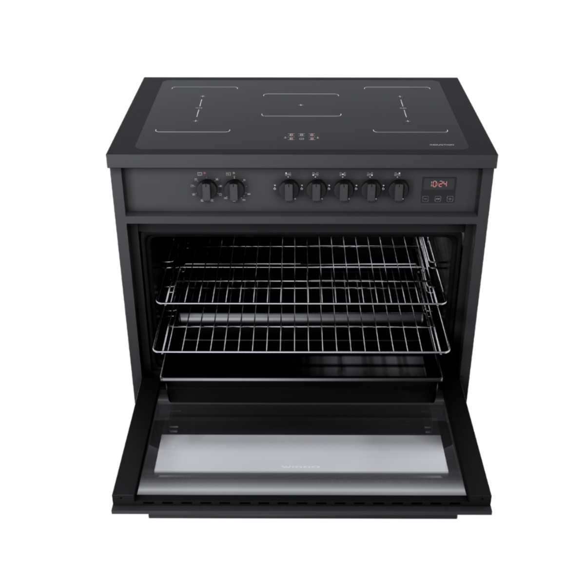 A black oven with its door open, showing the interior racks.