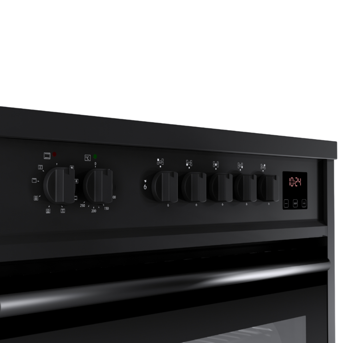 Close up of the controls on a black electric stove, including knobs and a digital display.