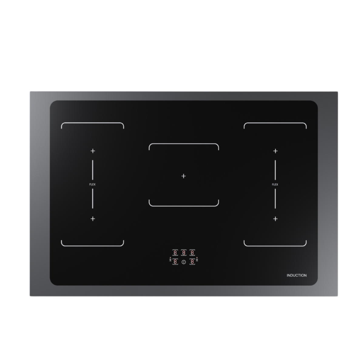 Black induction cooktop with 3 cooking zones, plus control buttons.