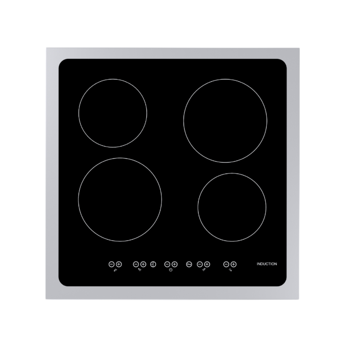 Top view of a black induction hob with four circular cooking zones.