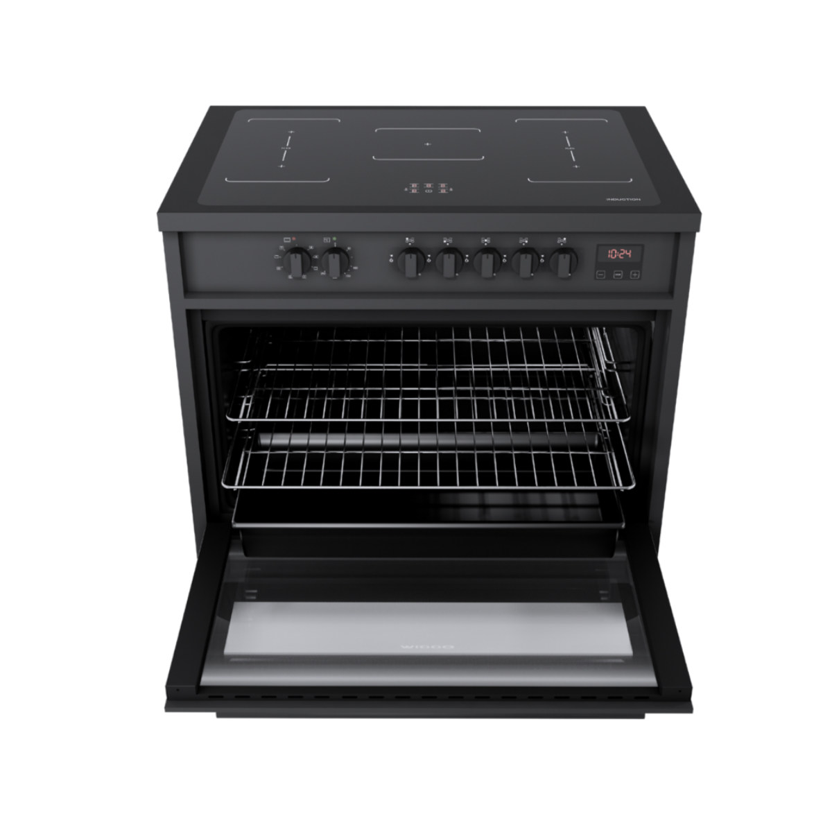 Black induction stove with the oven open, showing racks, on a white surface.