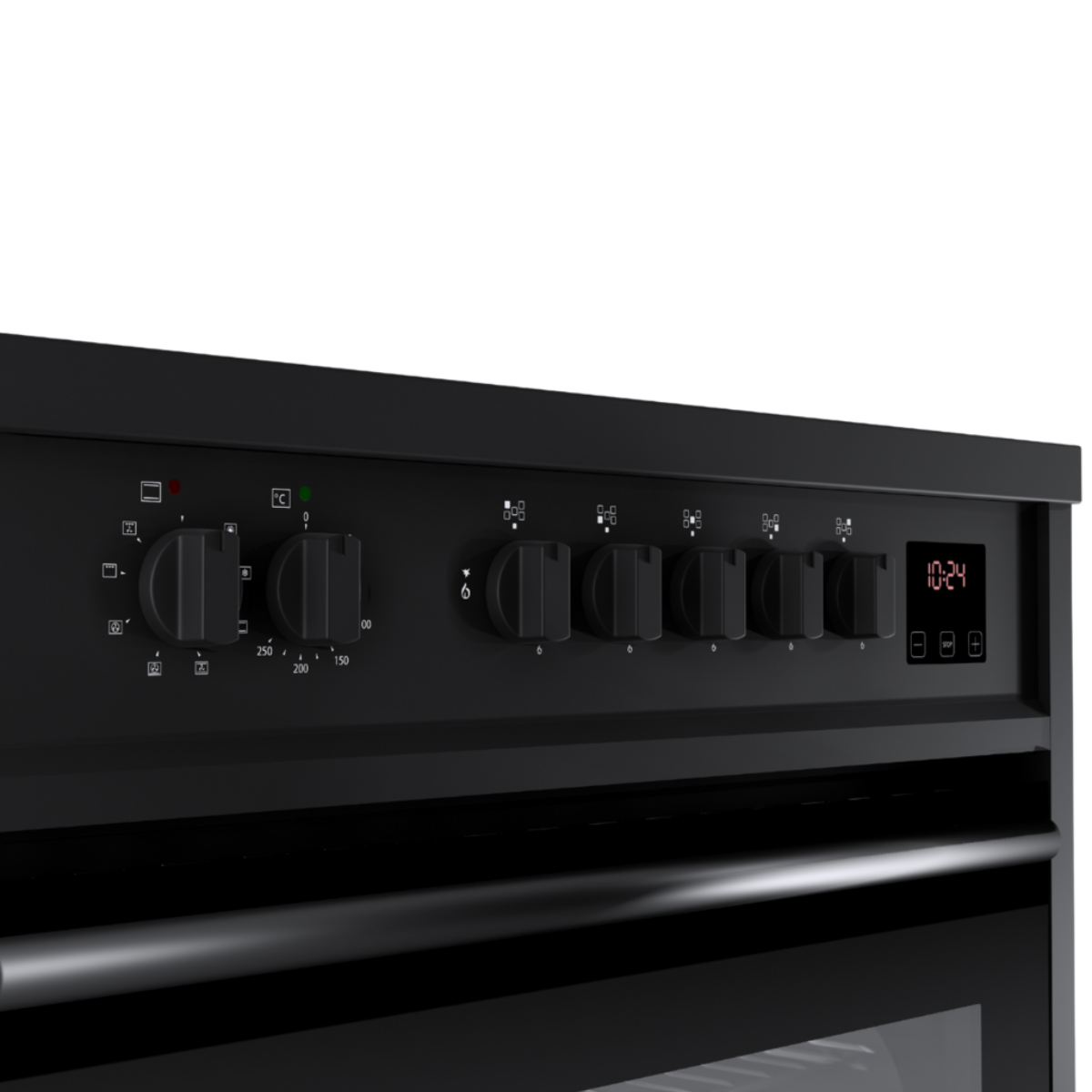 Close-up of an oven control panel with knobs and a digital display.