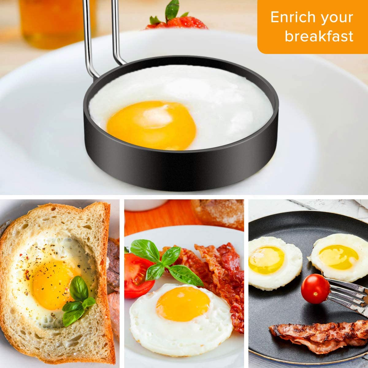Eierring mit Spiegelei und Beispiele für Eierrezepte: Brotei, Spiegelei mit Tomaten und Speck.
