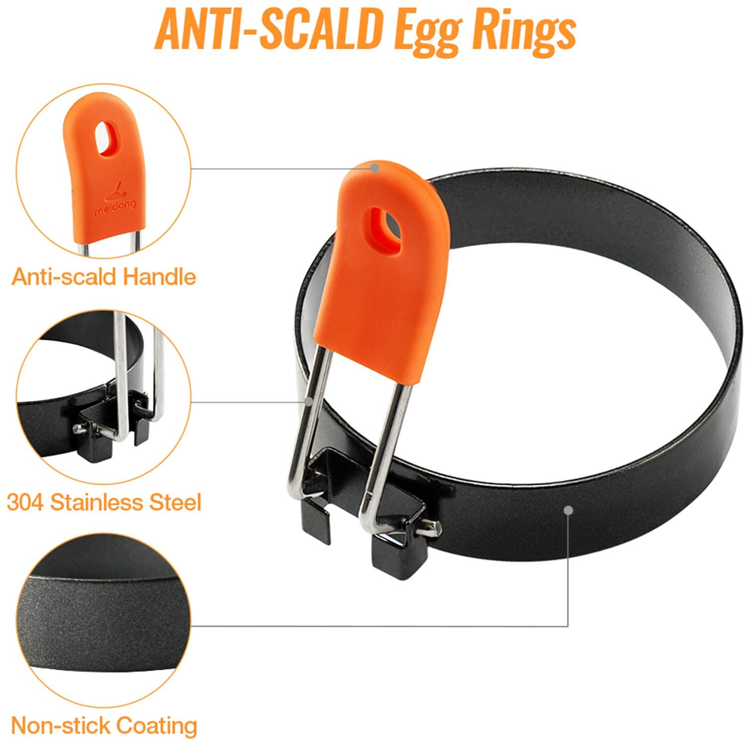Eierring-Set mit orangefarbenem Griff und Antihaftbeschichtung. Nahaufnahme mit Details.