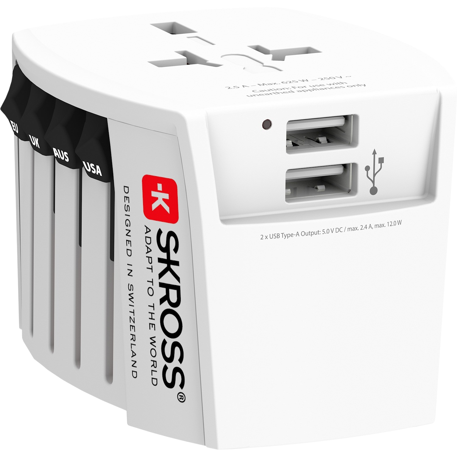 Adattatore bianco con più slot di connessione. Ha due porte USB e il testo: Designed in Switzerland.