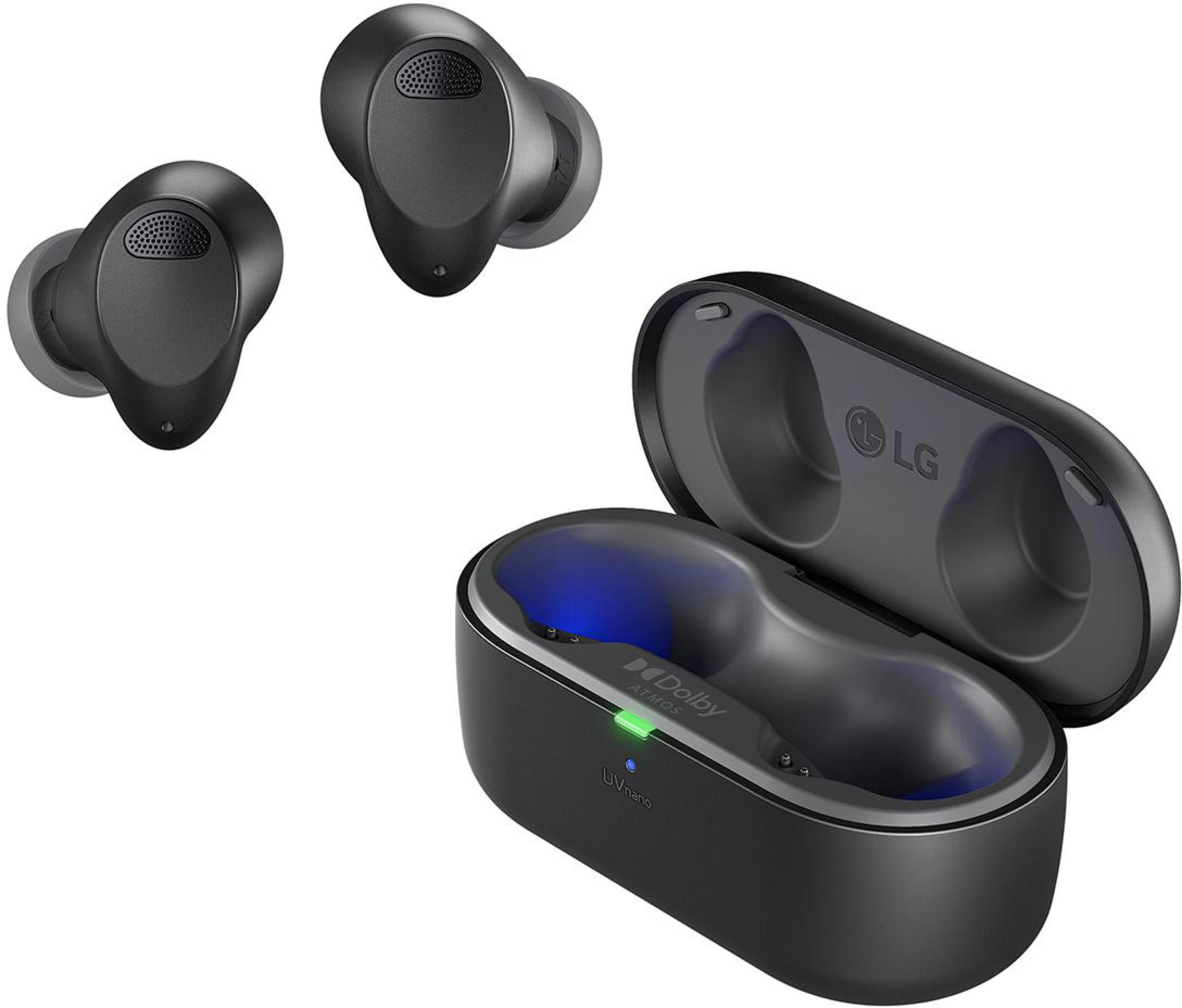 Auriculares LG negros y estuche de carga. El estuche está abierto con una luz azul visible.