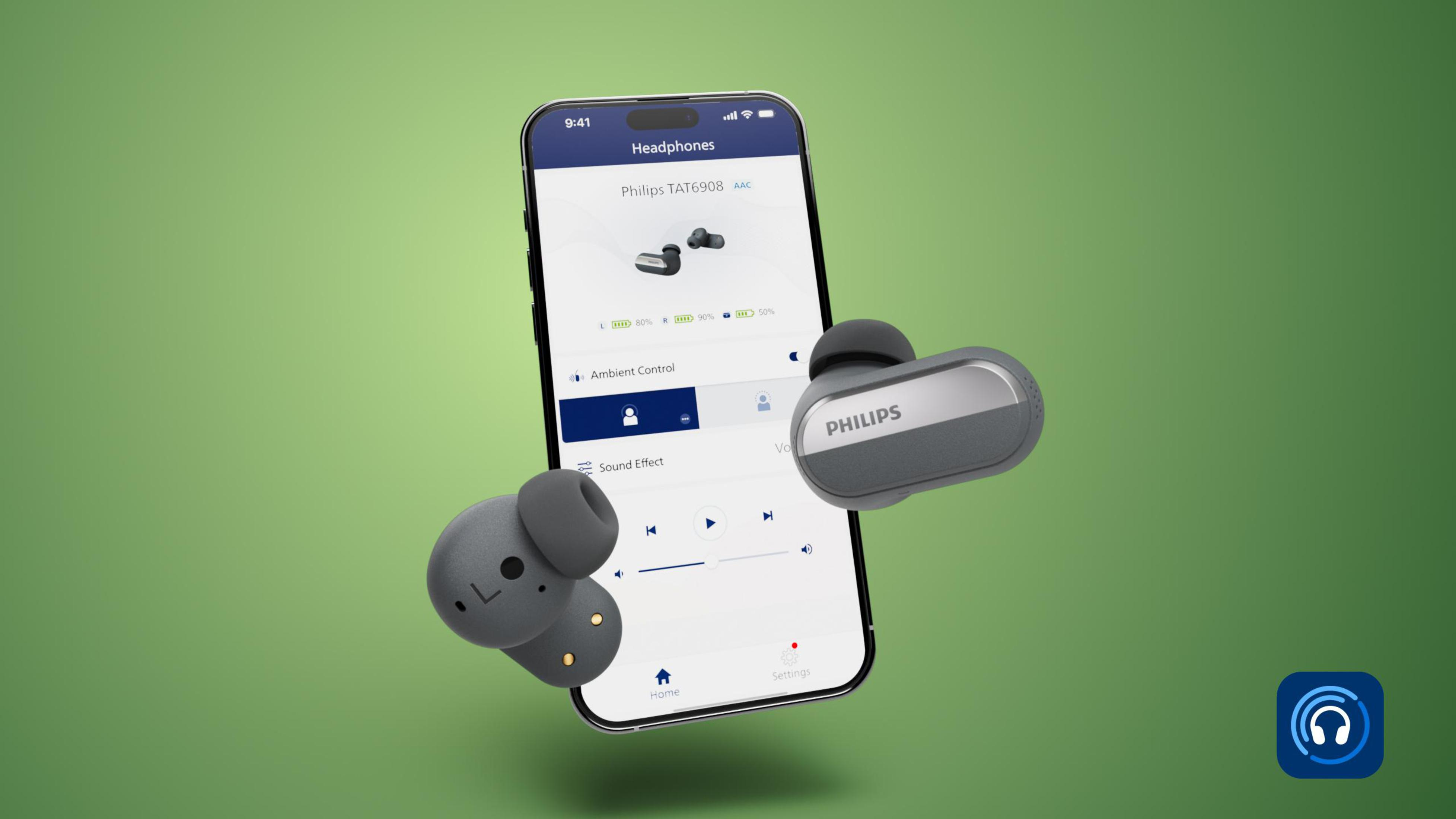 Uno smartphone mostra l'app di controllo per auricolari wireless e anche gli auricolari sono mostrati.