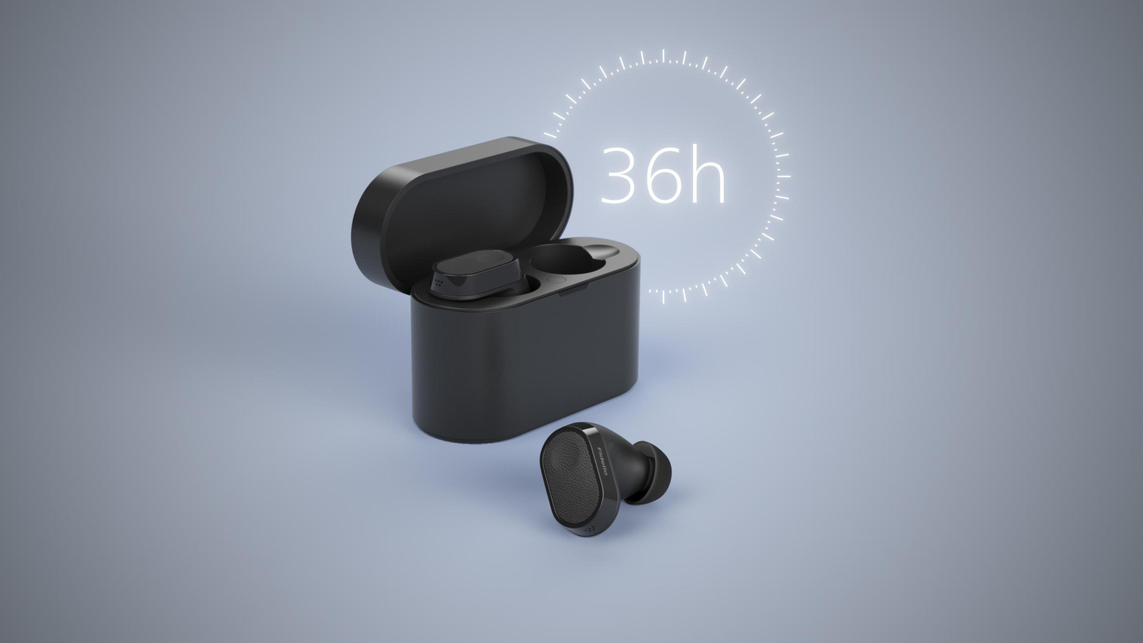 Par de auriculares inalámbricos negros en un estuche de carga con una superposición de texto de 36 h, sobre un fondo azul claro.