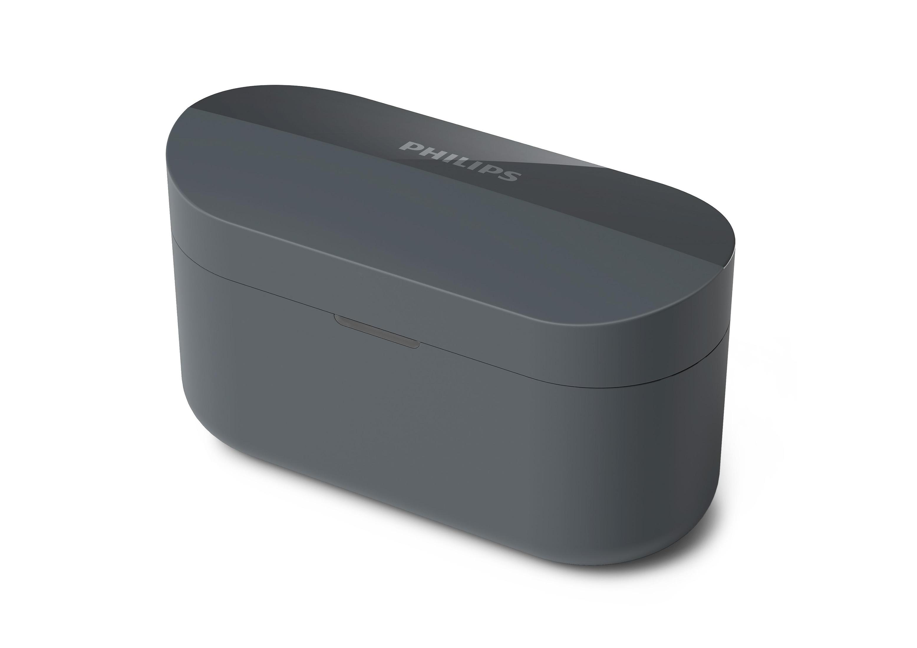 Funda de carga de auriculares inalámbricos Philips gris oscuro sobre blanco.