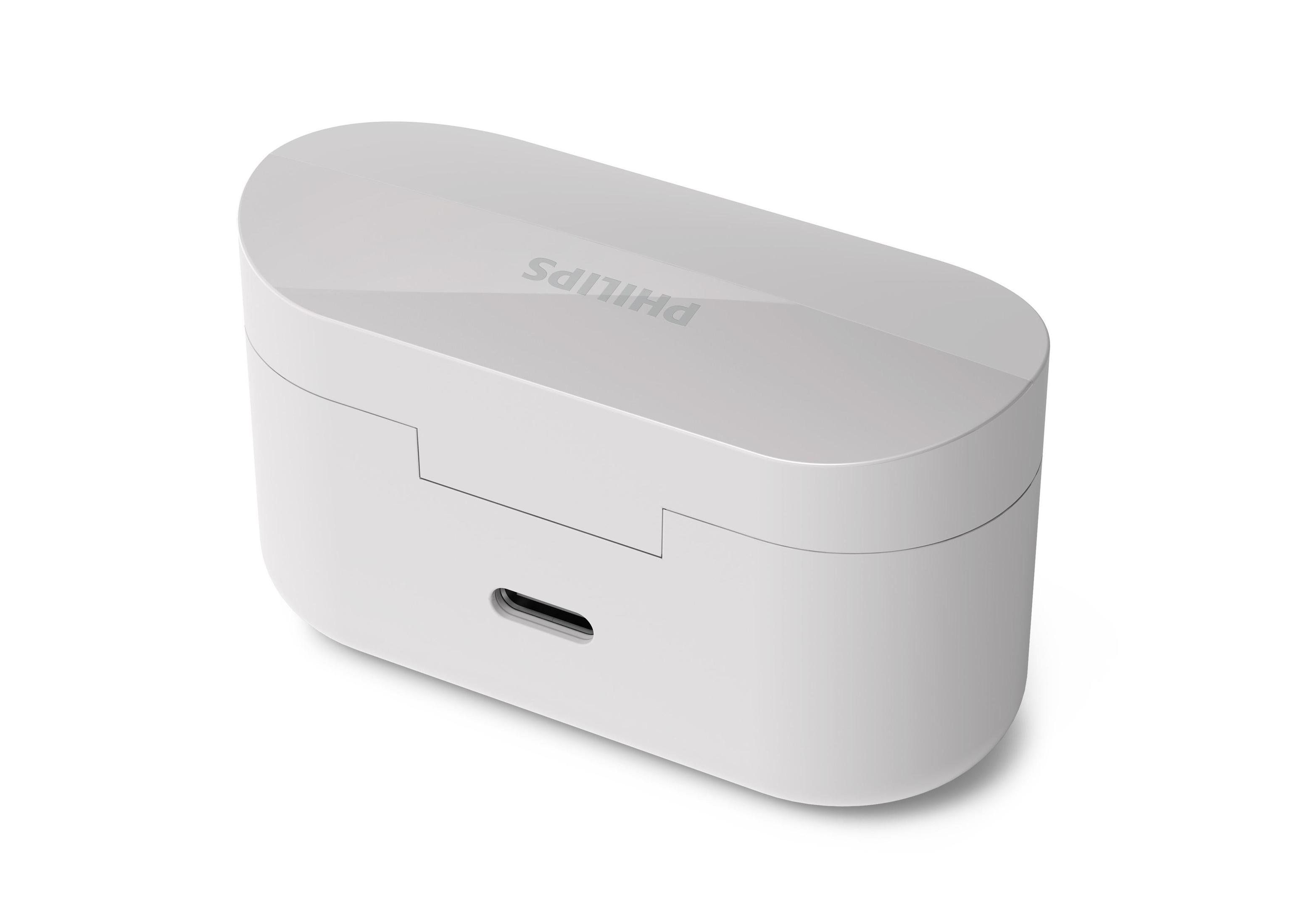 Weißes, ovales Ohrhörer-Ladecase, mit Philips-Logo und Ladeanschluss.