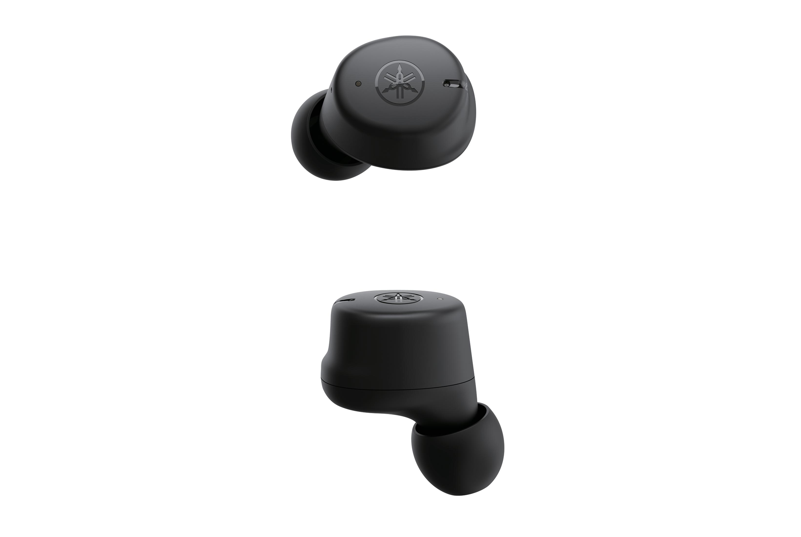 Auricolari Yamaha neri. Ne vengono mostrati due: uno nell'orecchio, uno isolato.