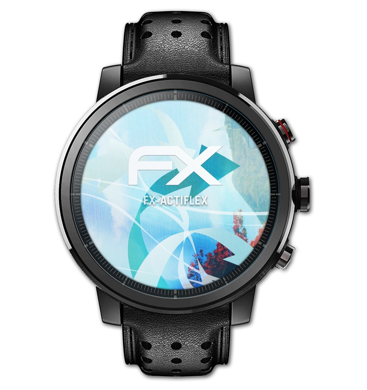 Eine schwarze Smartwatch mit einem Zifferblatt mit der Aufschrift 'EX ACTIFLEX'. Schwarzes Lederarmband.