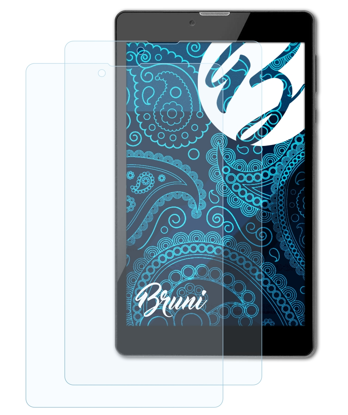Tablet mit Displayschutzfolie, zwei Schutzfolien sichtbar. Dekorativer Hintergrund.