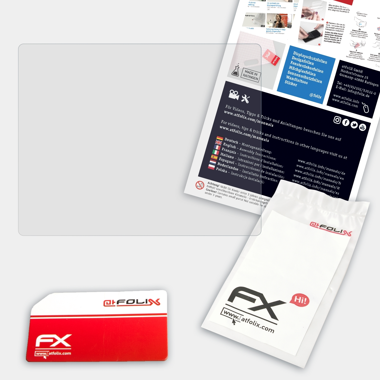 Displayschutzfolie mit Anweisungen, Karte und Verpackung. Der Hintergrund zeigt eine Anleitung und einen Aufkleber.