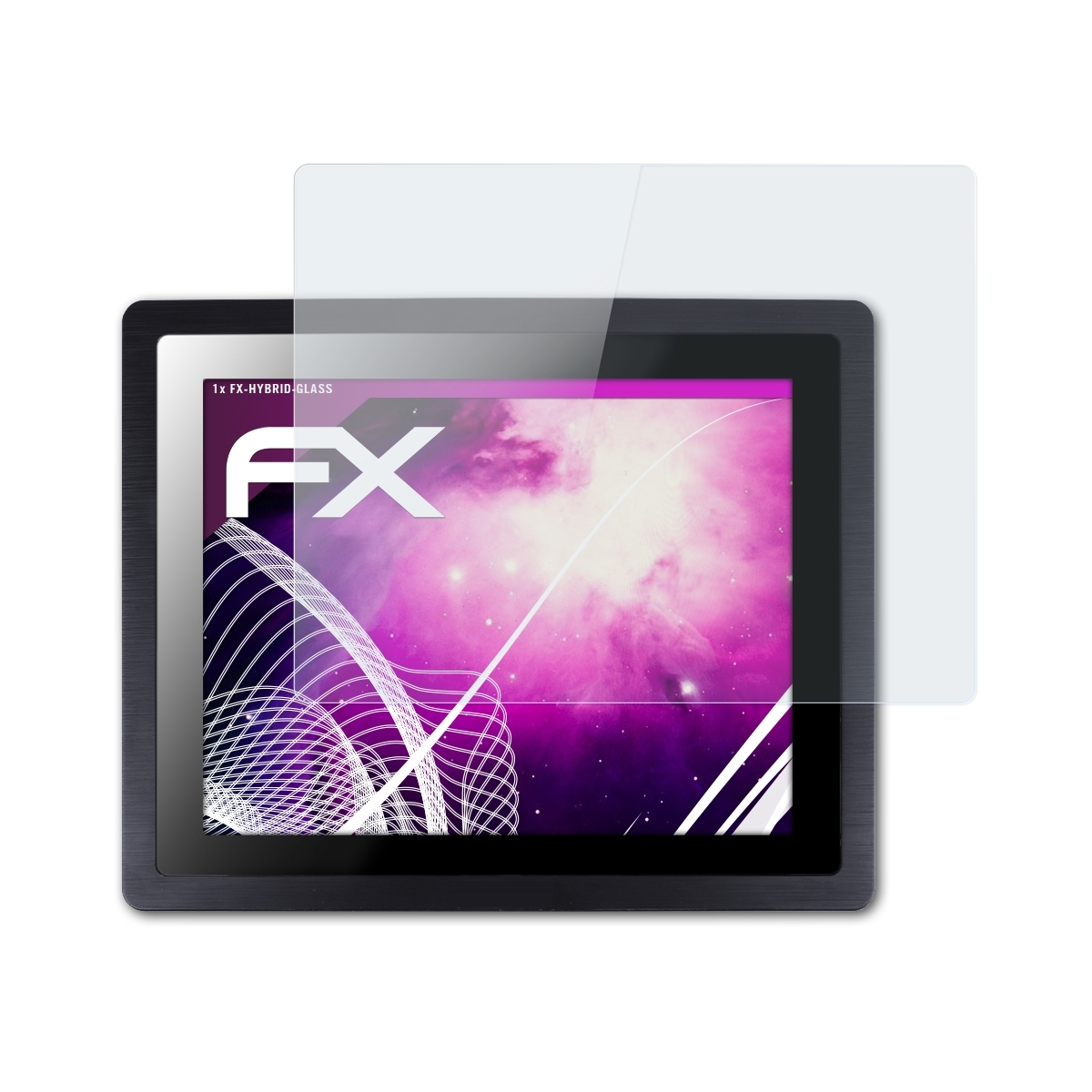 Tablet mit Displayschutz, zeigt ein lila-weißes Design, FX-Logo sichtbar.
