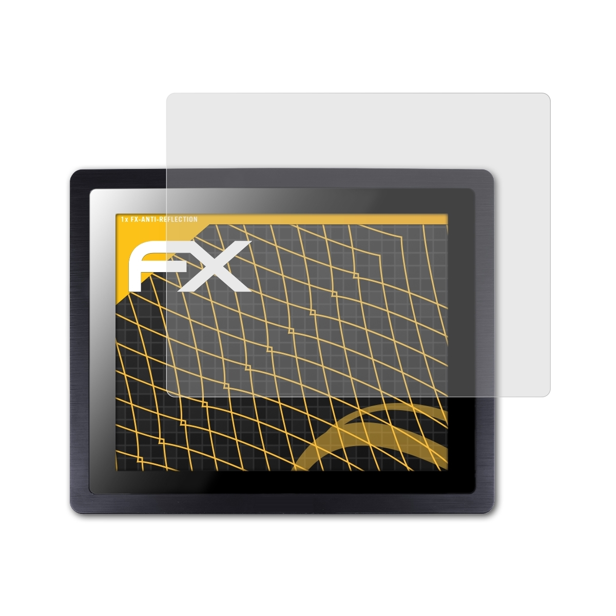 Tablet mit Displayschutz, FX-Logo auf dem Bildschirm, Schwarz- und Goldtöne. Sichtbare Schutzfolie.