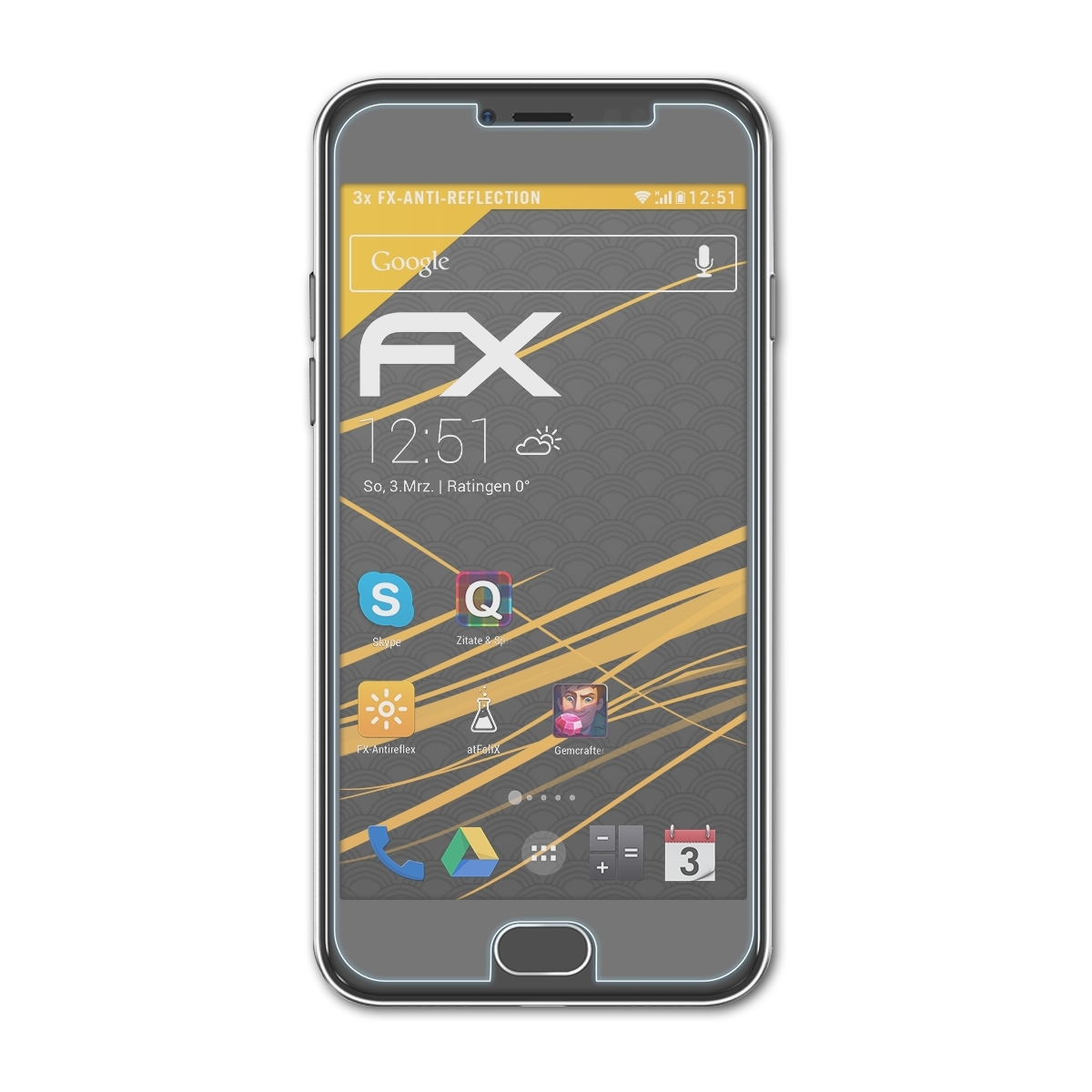 Smartphone mit Displayschutz. Der Bildschirm zeigt App-Symbole und eine Uhr.
