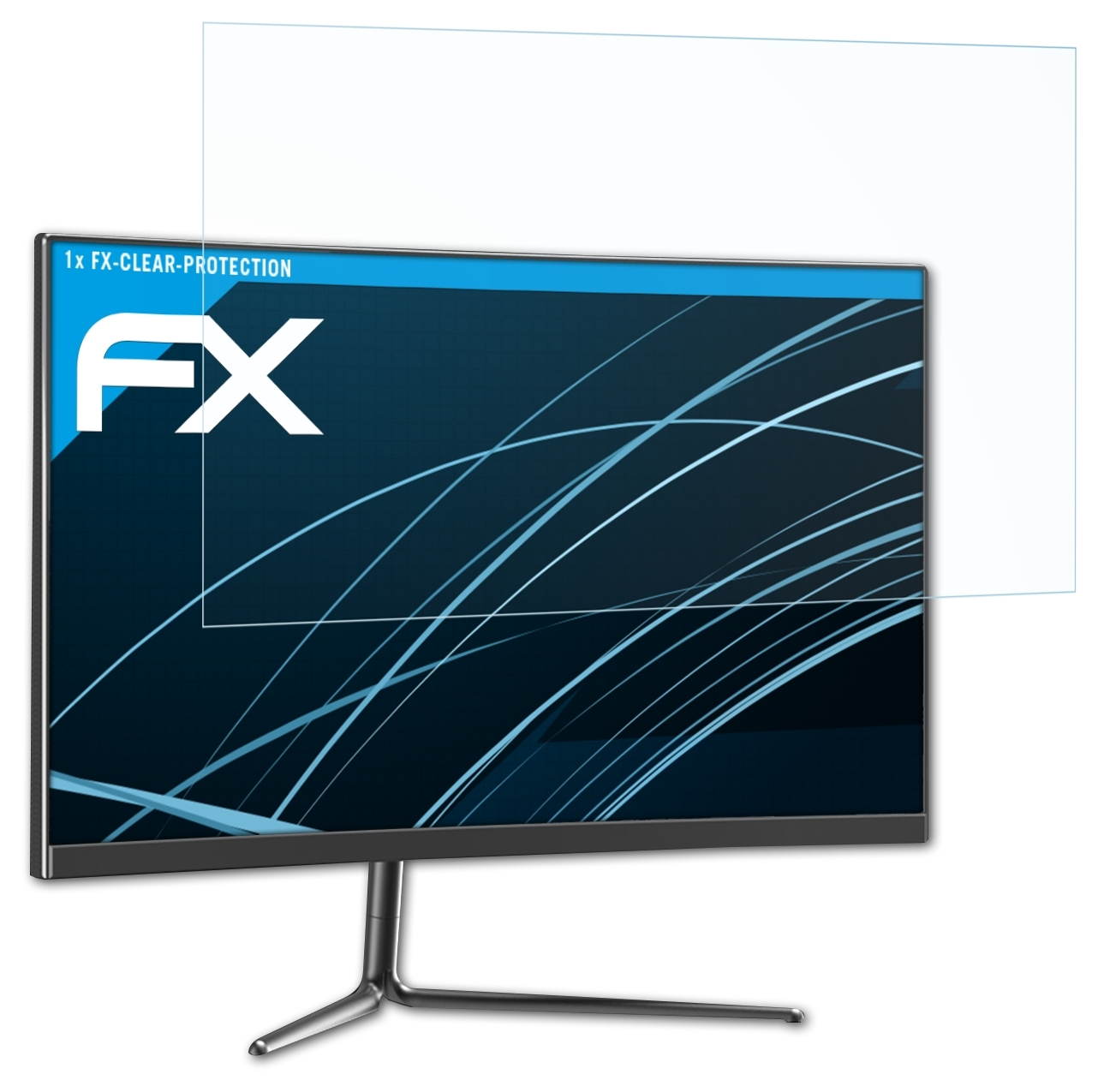 Ein Displayschutz über einem Monitor. Der Text: FX-CLEAR-PROTECTION.