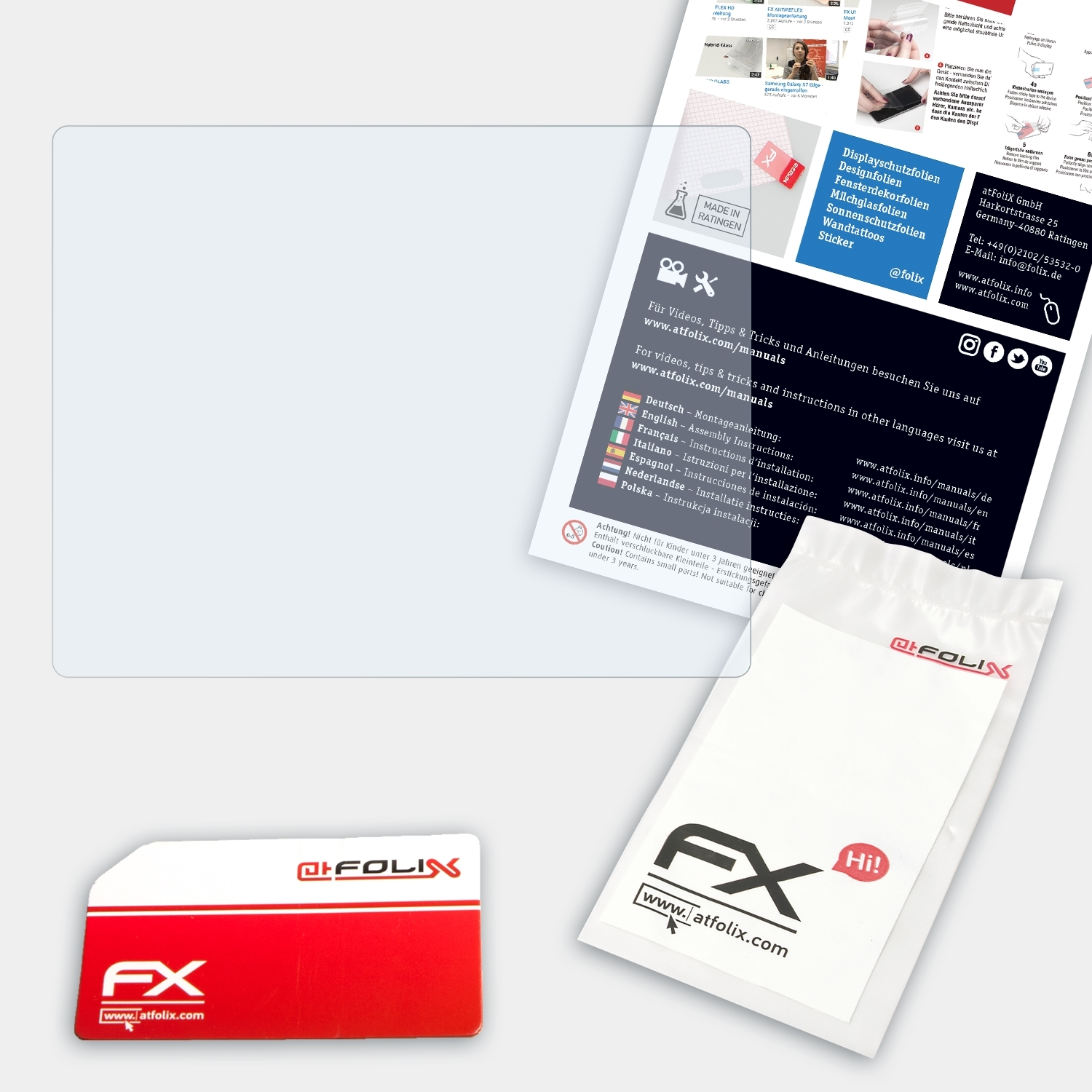 Displayschutzfolien-Kit. Verpackung und Anleitung sichtbar. Weißer Hintergrund.