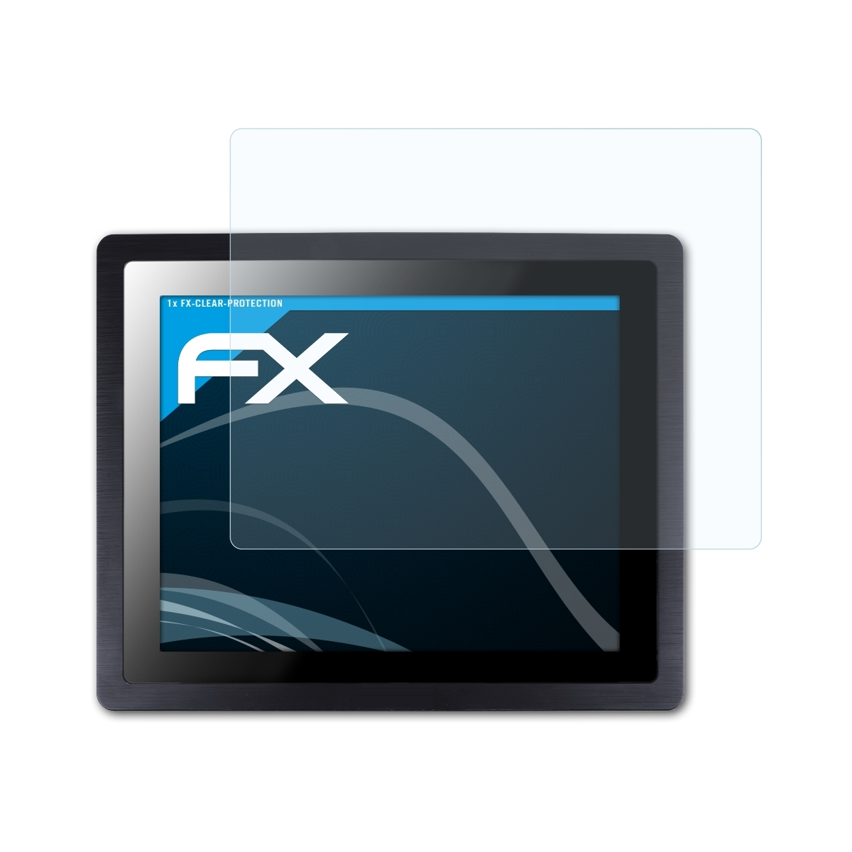 Tablet mit Displayschutz, FX-Logo und blauem Hintergrund.