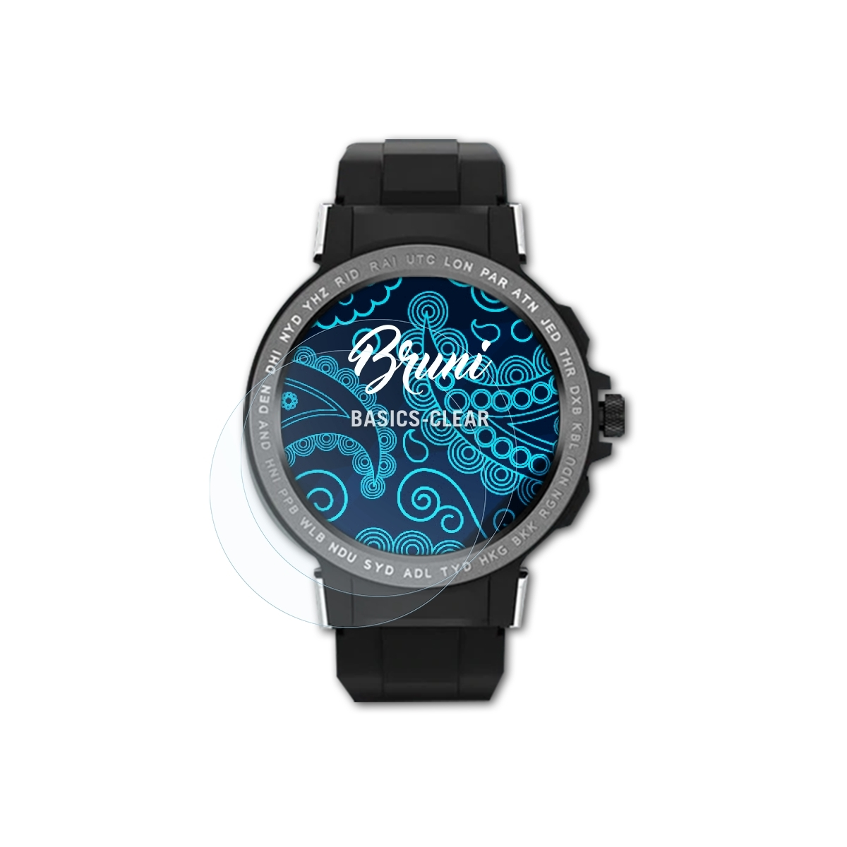 Smartwatch mit aufgebrachter Displayschutzfolie, die eine Weltzeitanzeige zeigt.