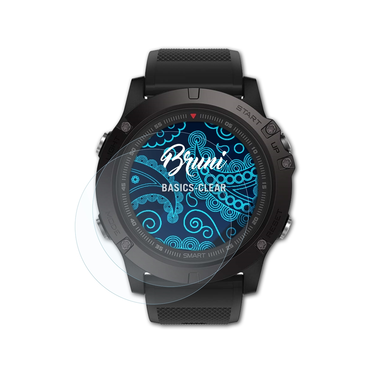 Schwarze Smartwatch mit Displayschutzfolie. Der Bildschirm zeigt ein blaues Muster und das Wort 'Bruni'.