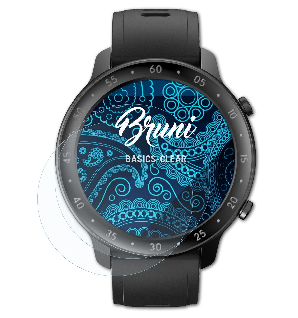Eine schwarze Smartwatch mit angebrachtem Displayschutz, der ein blaues Muster zeigt.