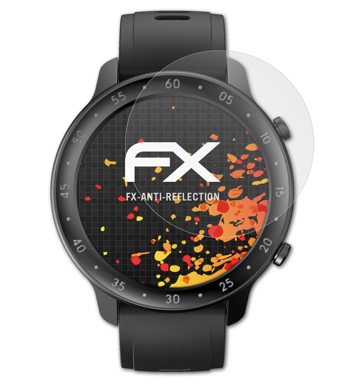 Schwarze Smartwatch mit FX-Entspiegelung, farbenfrohes Design auf dem Bildschirm.