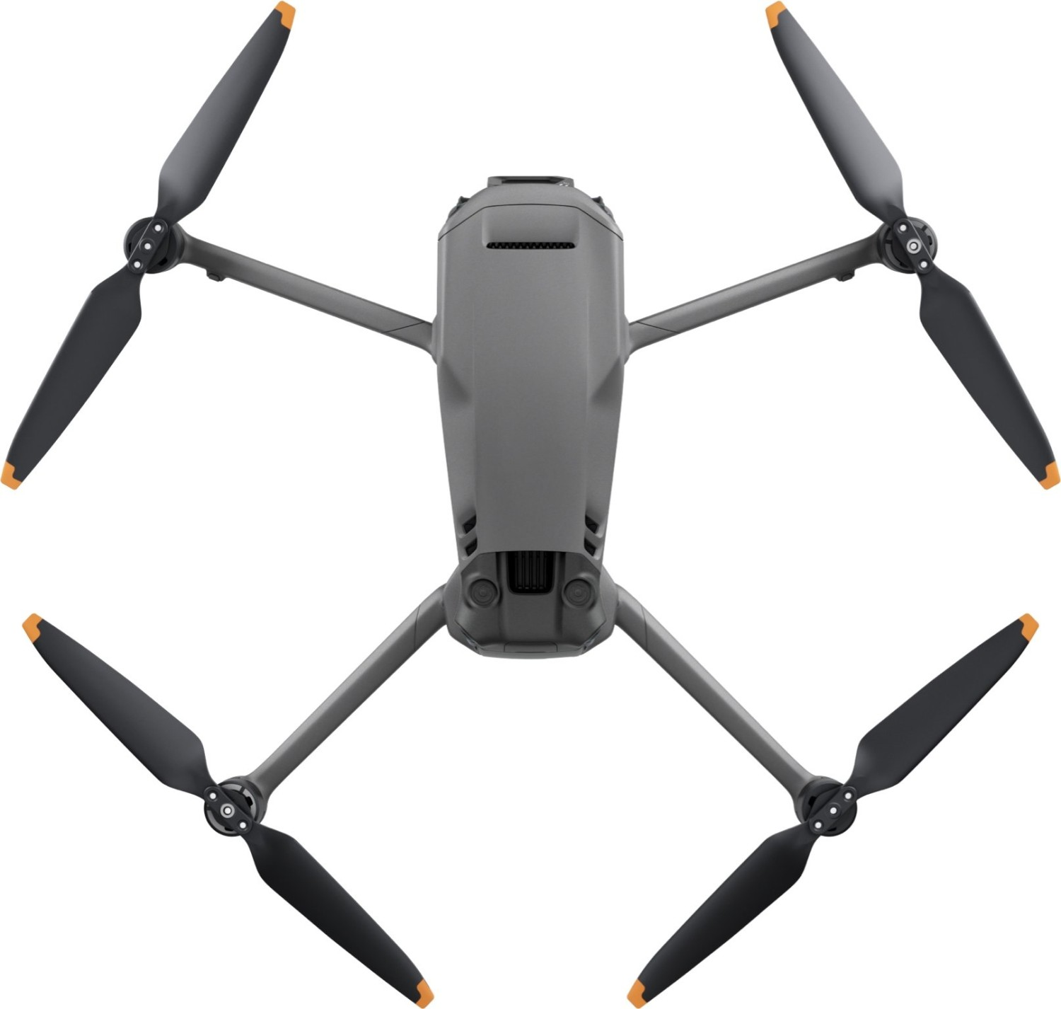 Un dron gris con cuatro hélices y puntas naranjas. El dron está colocado sobre un fondo blanco.