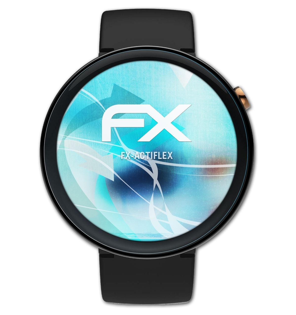 Eine schwarze Smartwatch mit Displayschutzfolie, die eine farbenfrohe Grafik anzeigt.