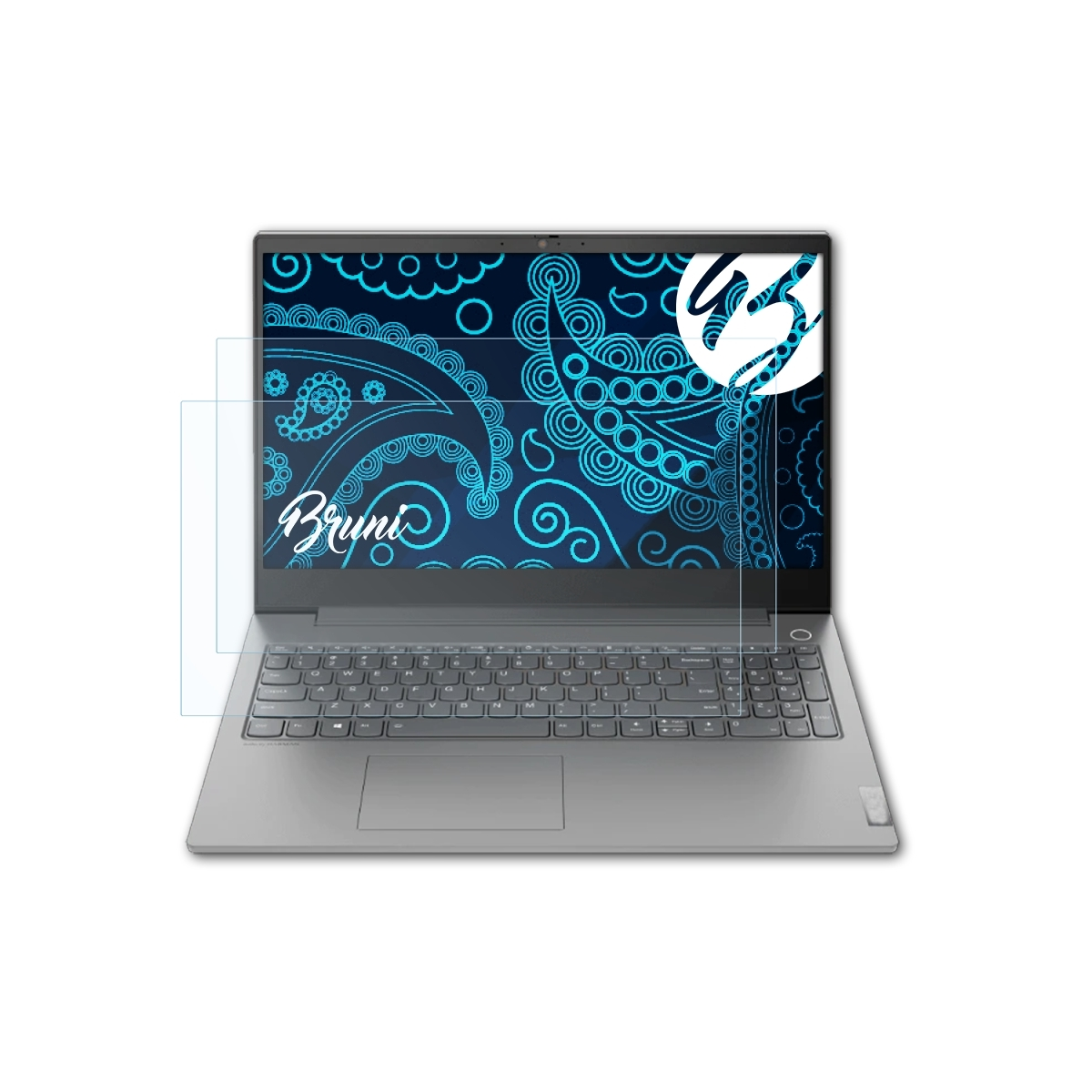 Laptop mit Displayschutzfolie auf dem Bildschirm. Der Bildschirm zeigt ein Design.