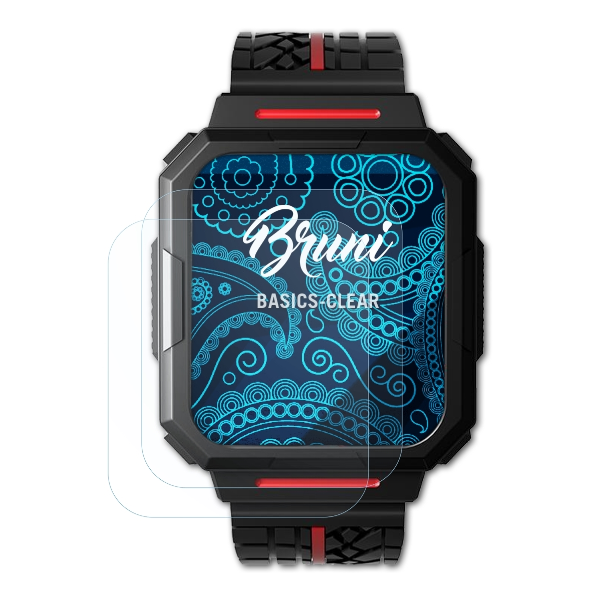 Eine schwarze Smartwatch mit Displayschutzfolie. Der Bildschirm zeigt ein Bruni Basics Clear Design.
