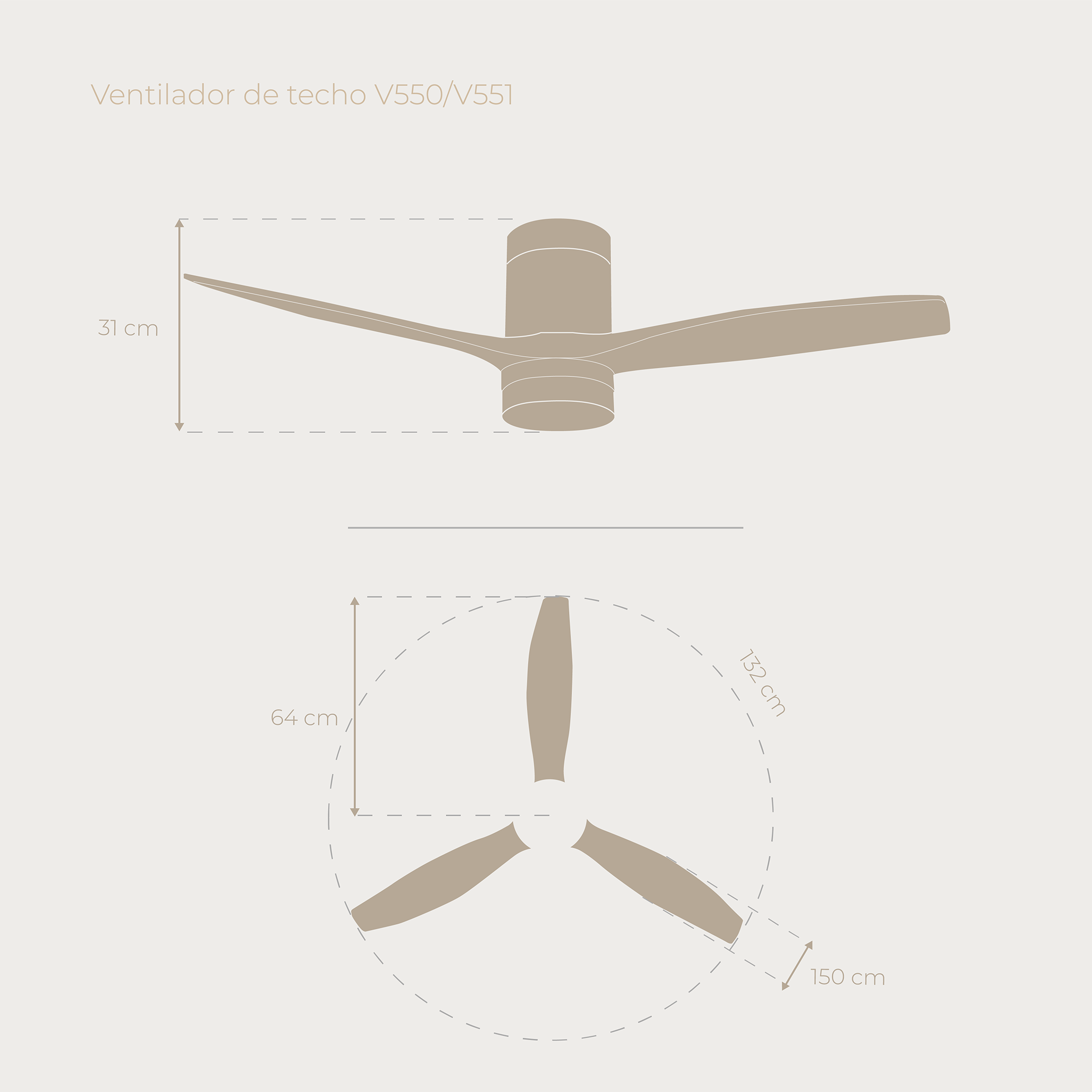 Dibujo técnico de un ventilador de techo con dimensiones y medidas.