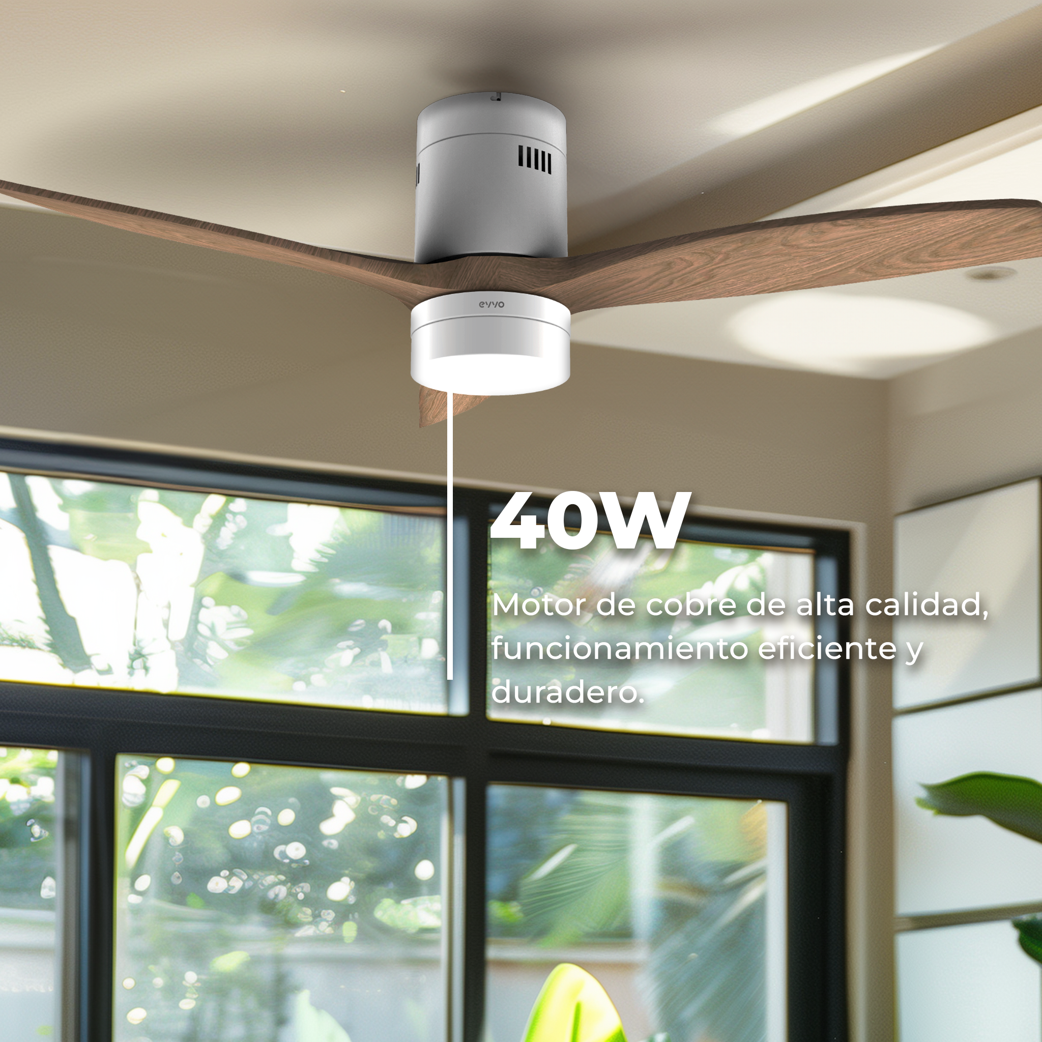 Ventilador de techo con aspas de madera y base plateada. Texto indica potencia 40W.