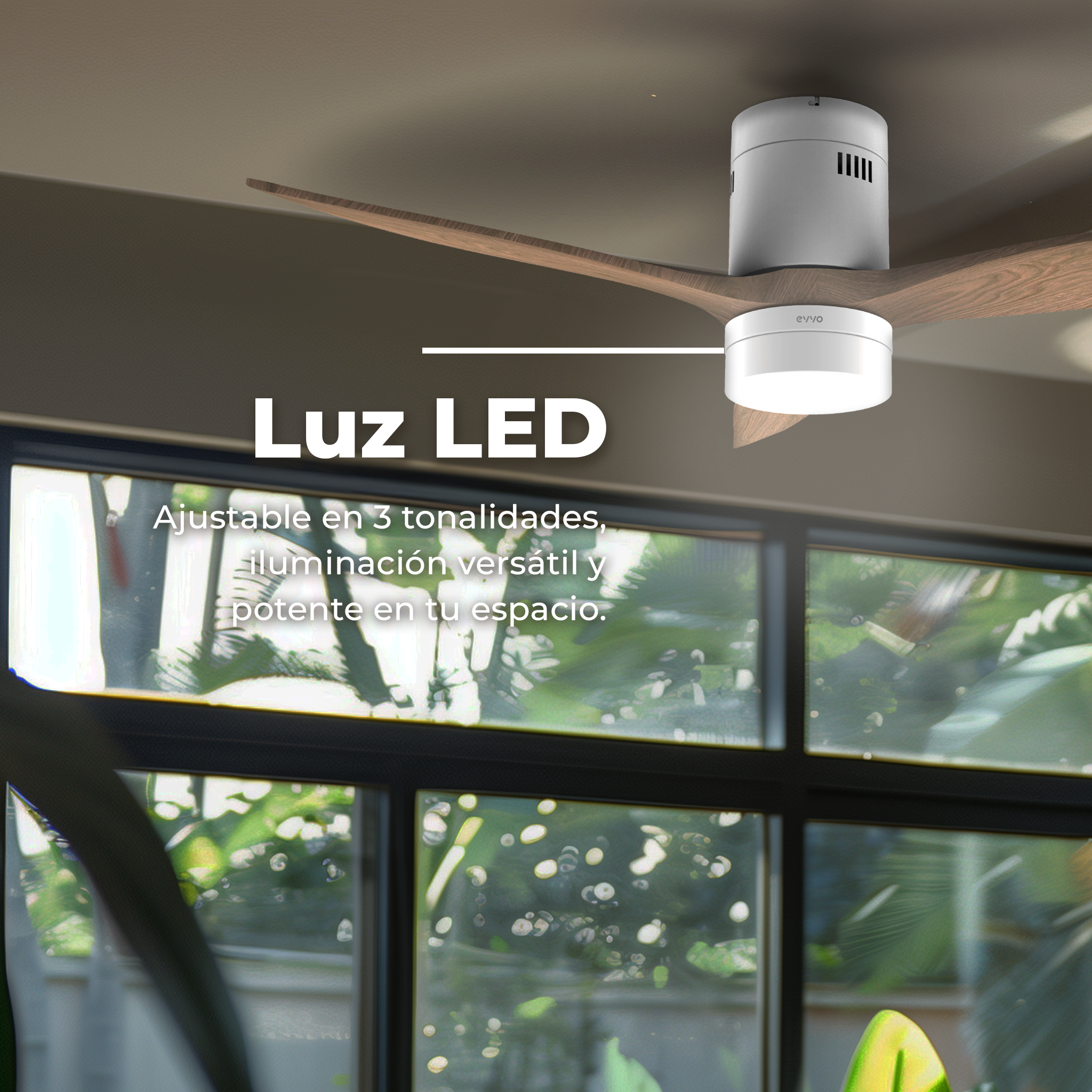 Un ventilador de techo con luz LED, texto 'Luz LED'. El fondo es una habitación con ventanas.