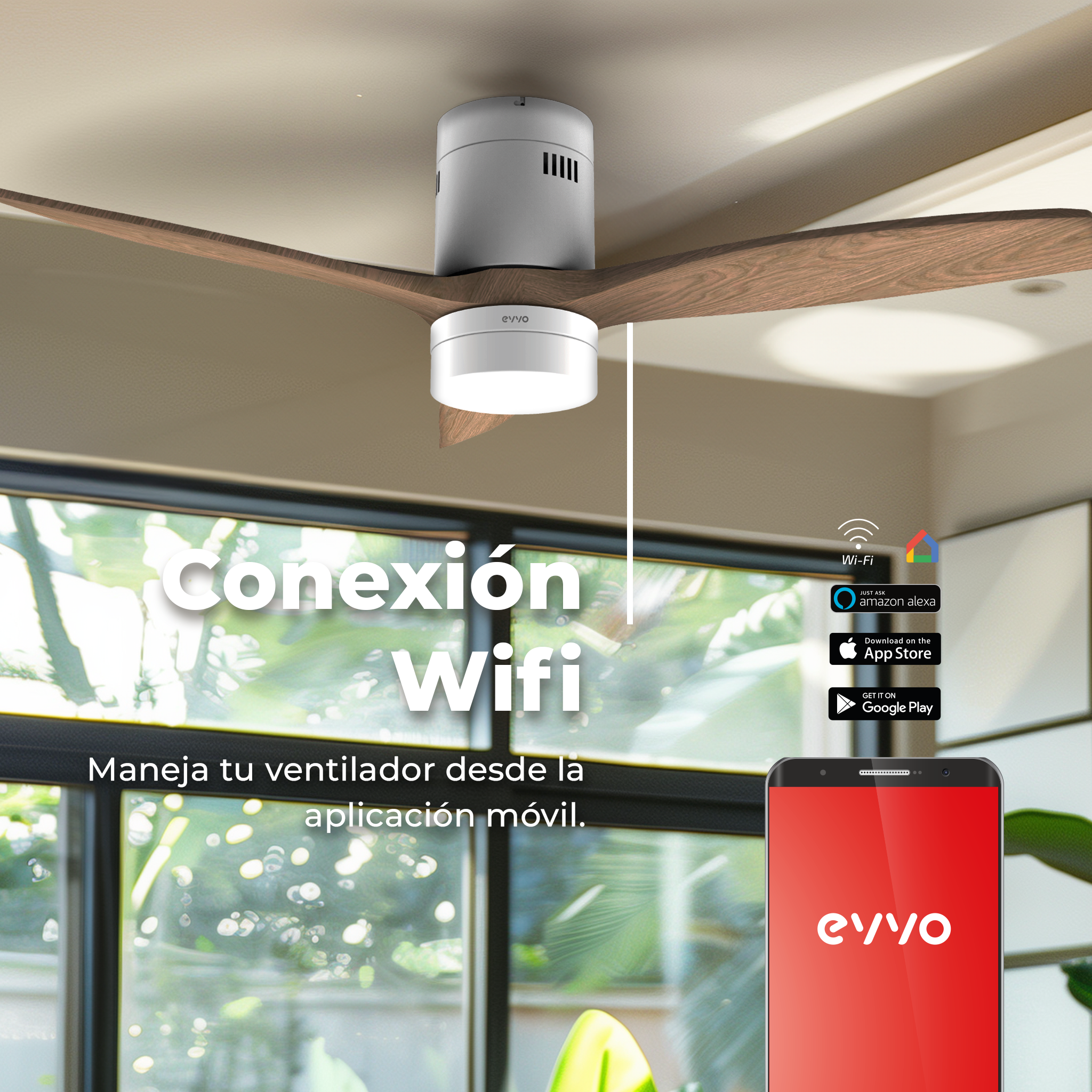 Un ventilador de techo con aspas de madera y el texto: Conexión Wifi. Un teléfono con el logo de evvo.