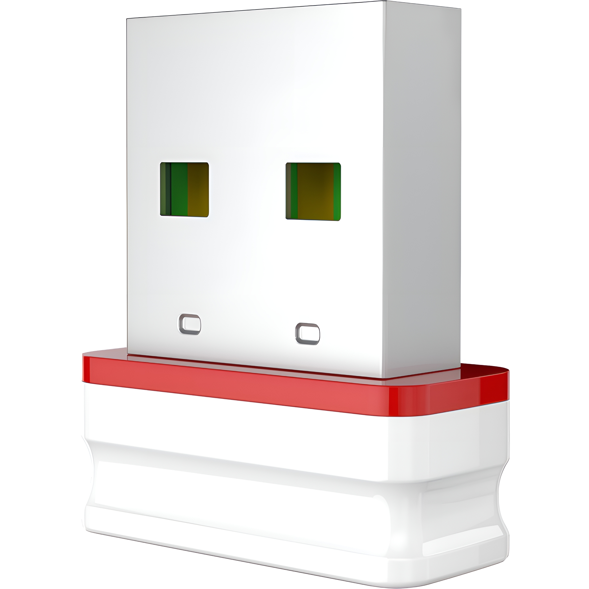 Weißer USB-Stick mit roter Basis. Zwei grüne Quadrate oben mit einfachem Design. Isoliert auf Weiß.