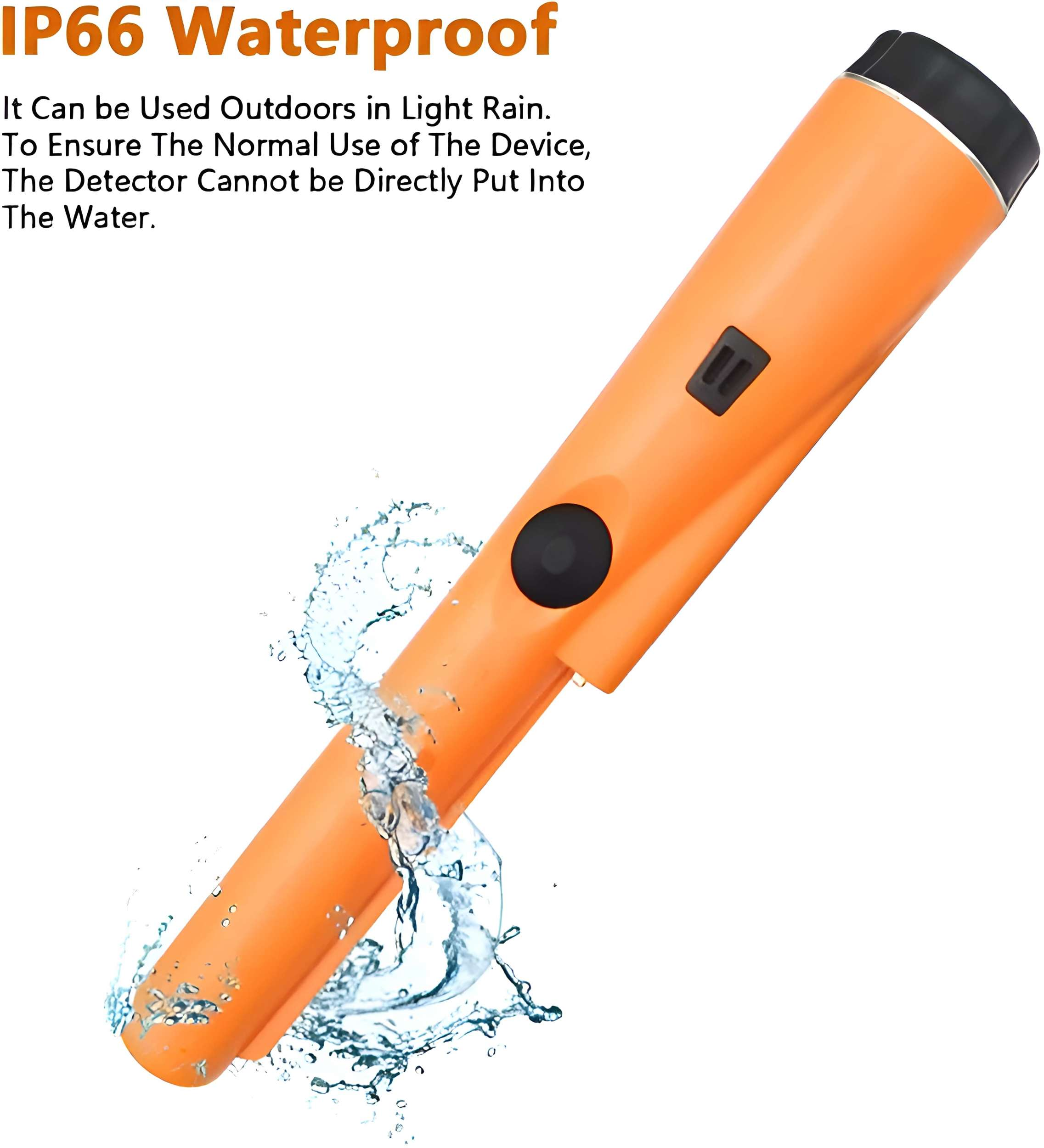 Ein orangefarbener Metalldetektor mit Wasserspritzern, mit Text darüber.
