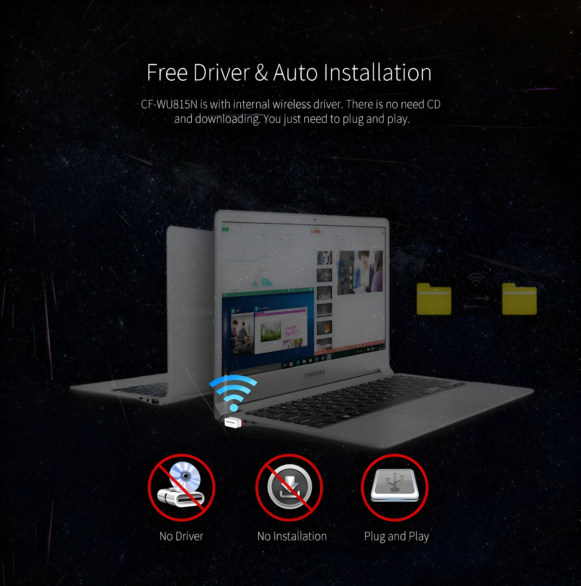 Ein Laptop mit einem drahtlosen Dongle und Symbolen, die 'kein Treiber', 'keine Installation' anzeigen.