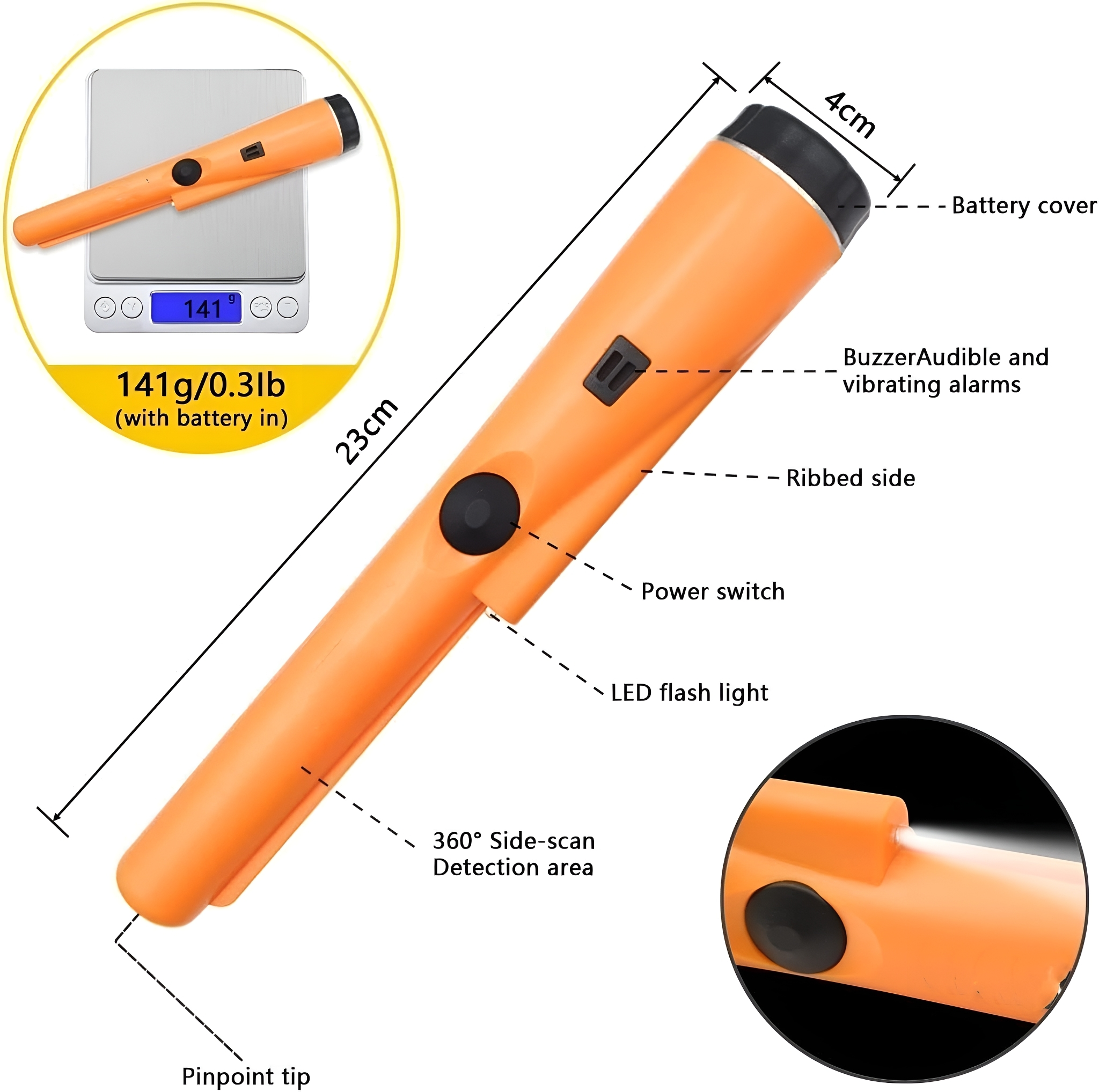 Ein orangefarbener Metalldetektor mit Messungen und Beschriftungen, mit Ein-/Ausschalter und Spitze.