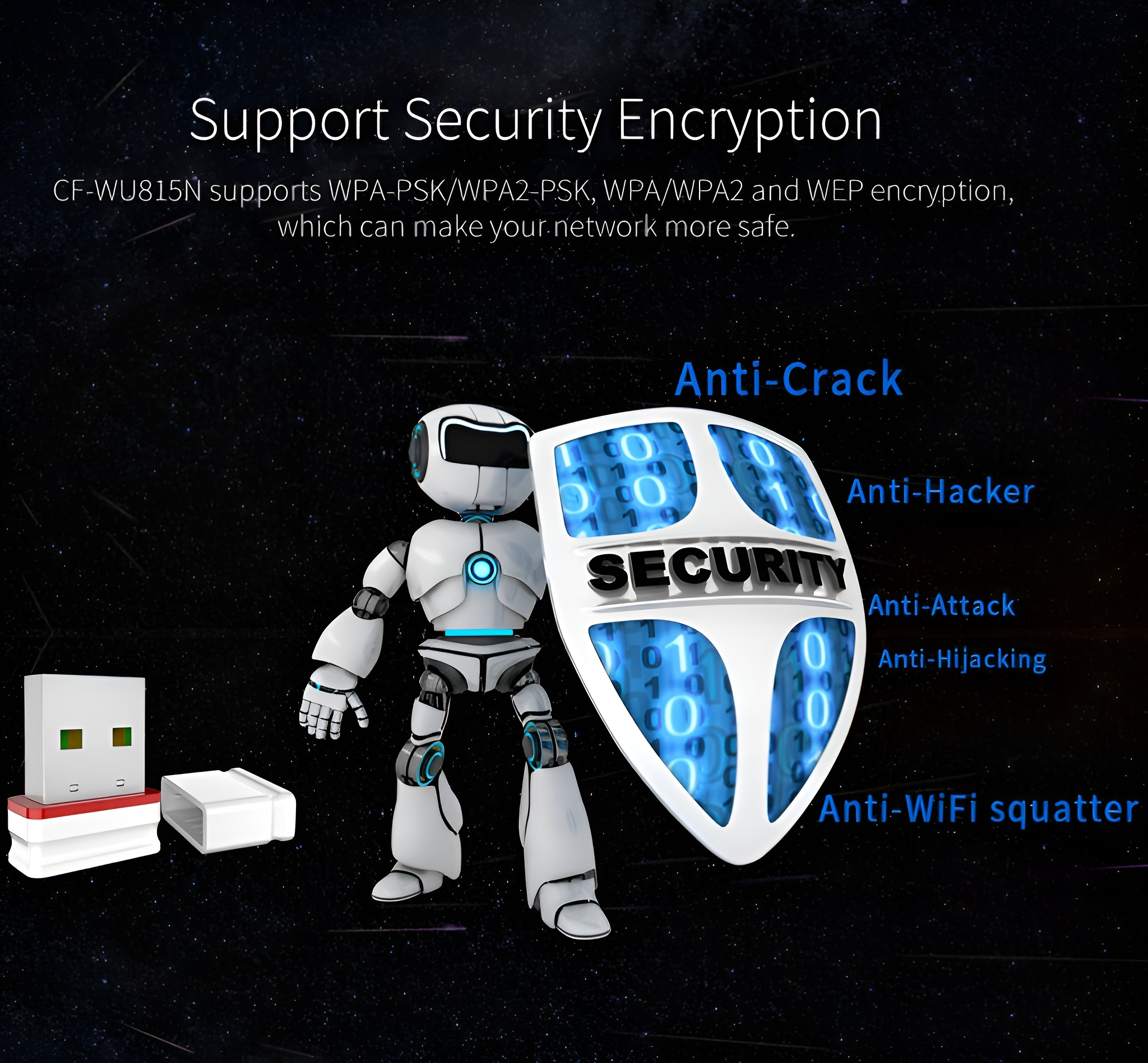 Ein Roboter mit Schild. Text enthält 'Security', 'Anti-Crack', 'Anti-Hacker' und mehr.