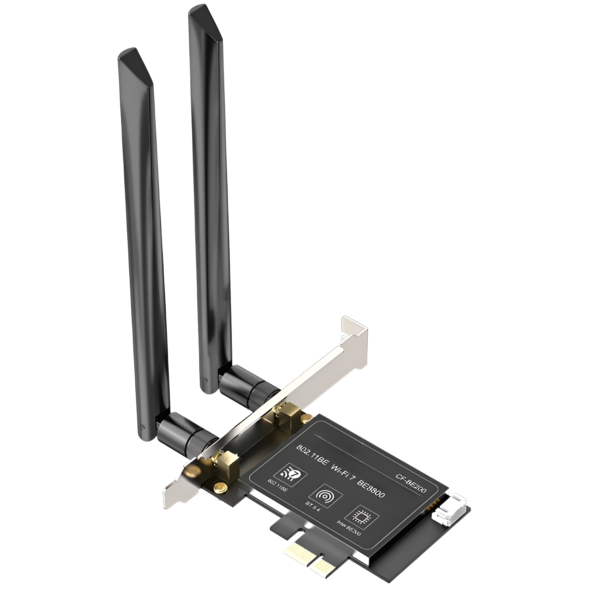 WLAN-Karte mit zwei schwarzen Antennen. Karte hat ein schwarz-goldenes Design.