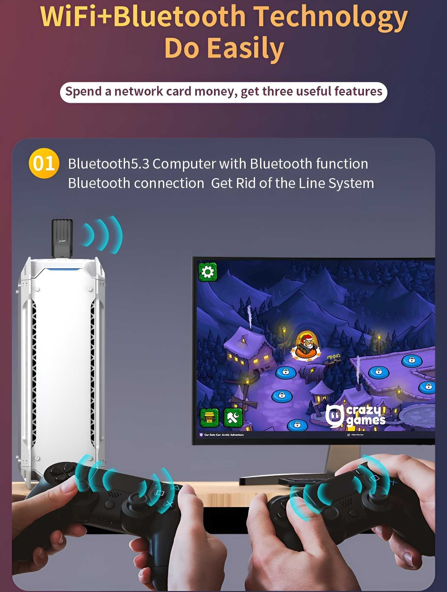 Bild zeigt Spielkonsole mit Controllern, TV mit Spiel und Text über Bluetooth-Technologie.