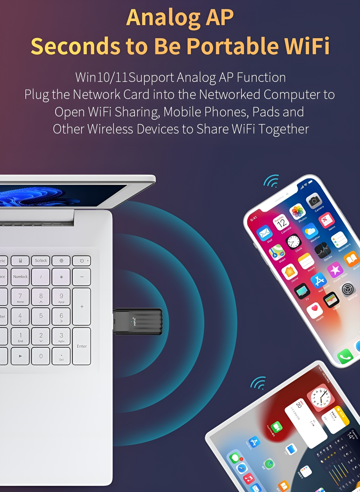 Eine Werbung mit Laptop, Handy und Tablet, alle verbunden mit einem WLAN-Gerät. Der Hintergrund ist dunkelblau.