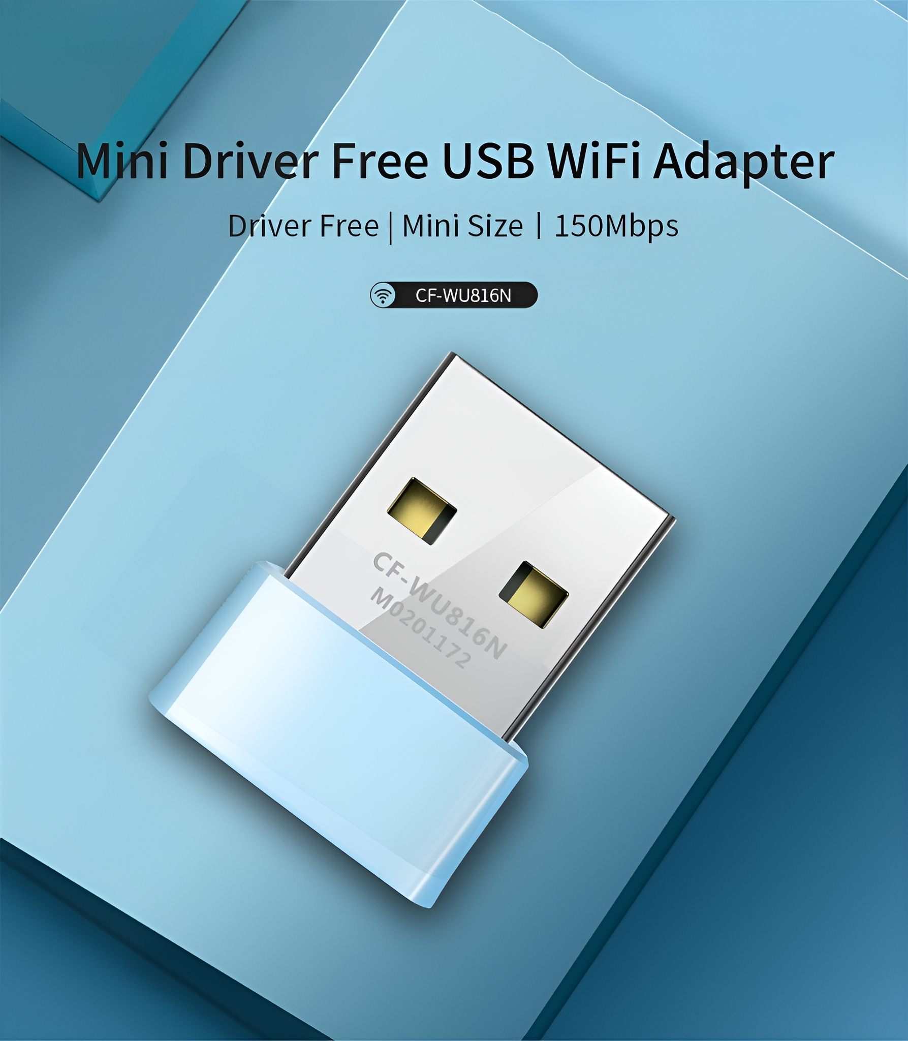 USB-WLAN-Adapter. Silberner Adapter in blauem Umfeld. Text: Mini Driver Free USB WiFi Adapter.