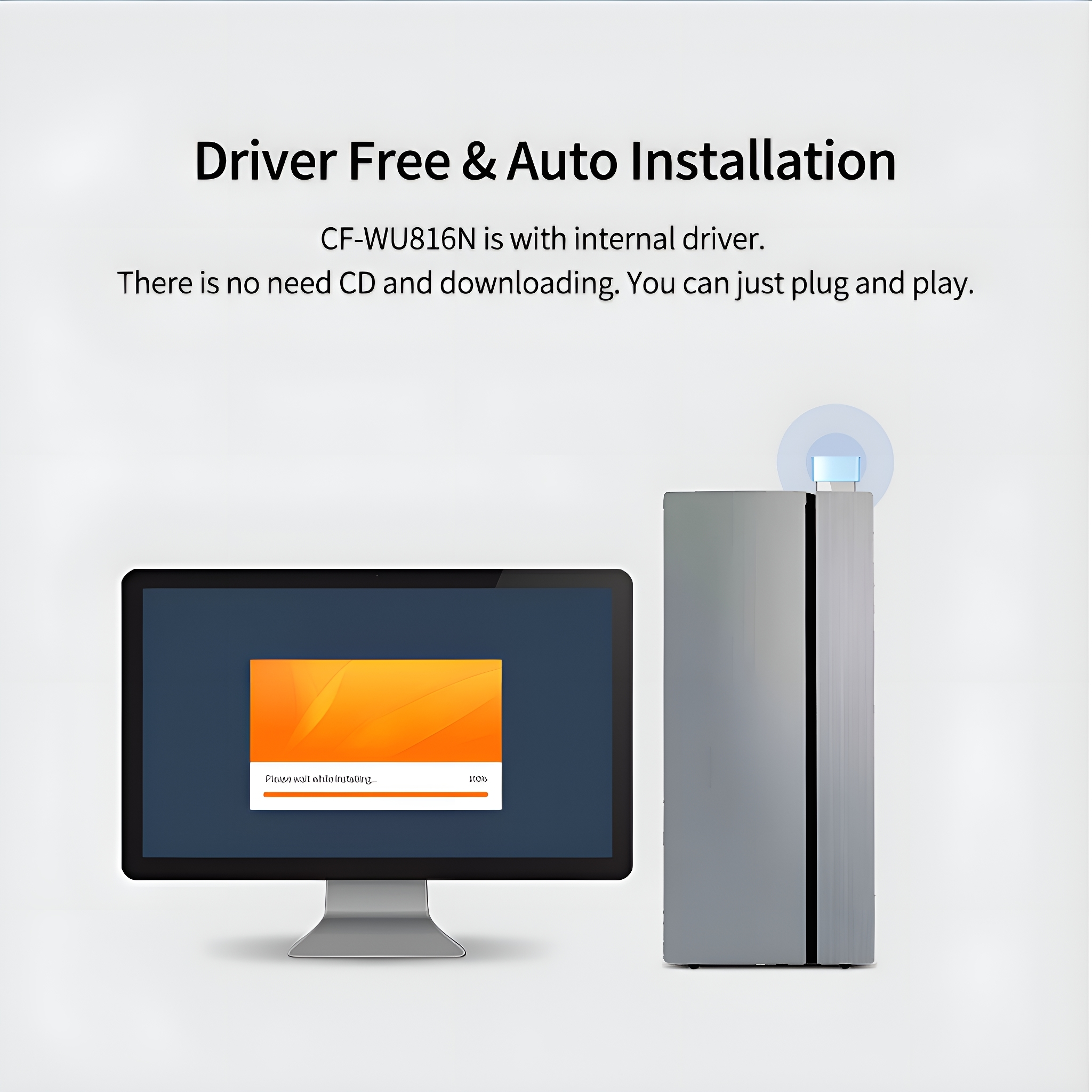 Ein Computermonitor und -turm mit Text, der treiberfreie und automatische Installationsfunktionen anzeigt.