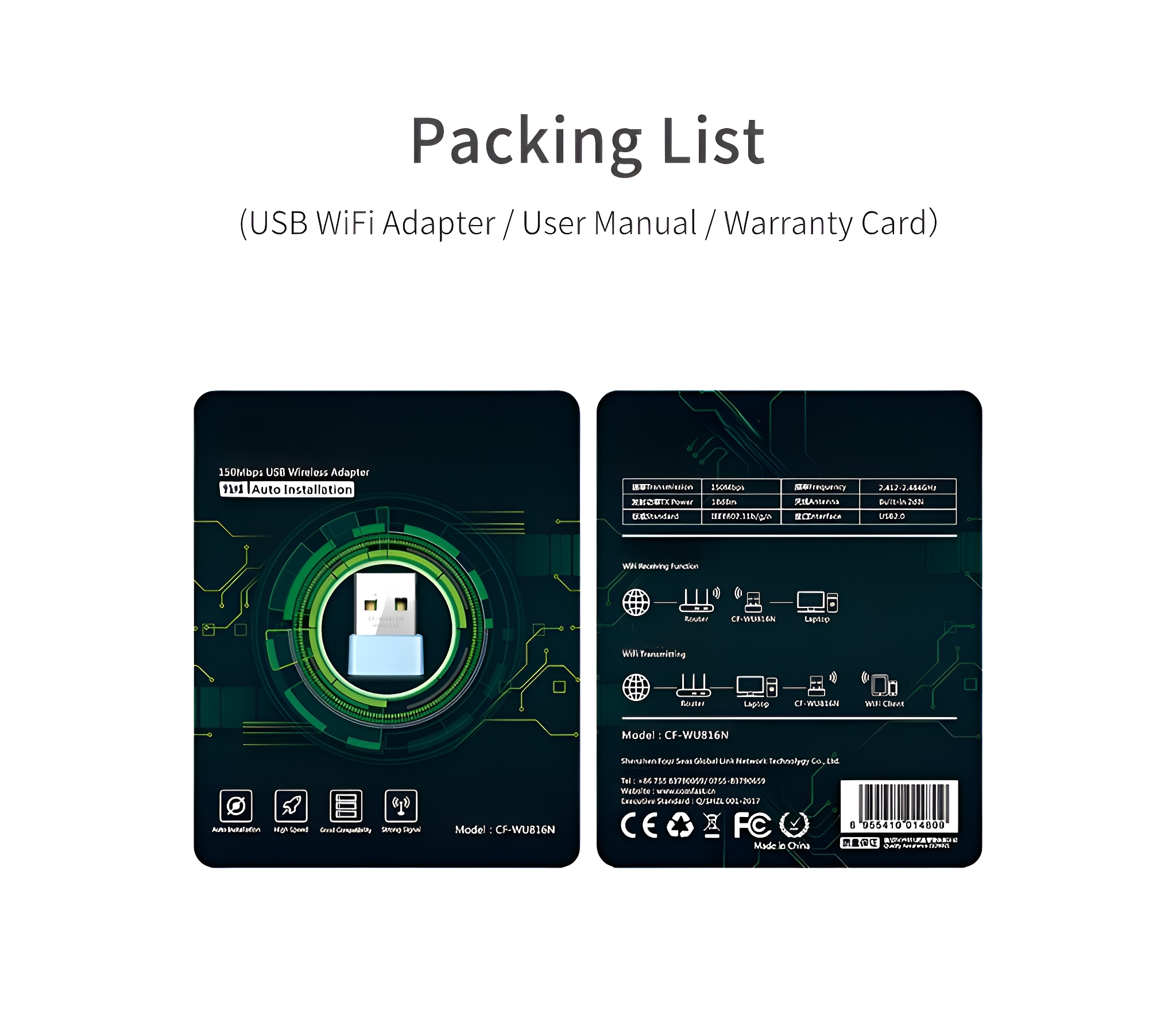Eine Packliste mit einem USB-WLAN-Adapter, Benutzerhandbuch und Garantiekarte auf weißem Untergrund.