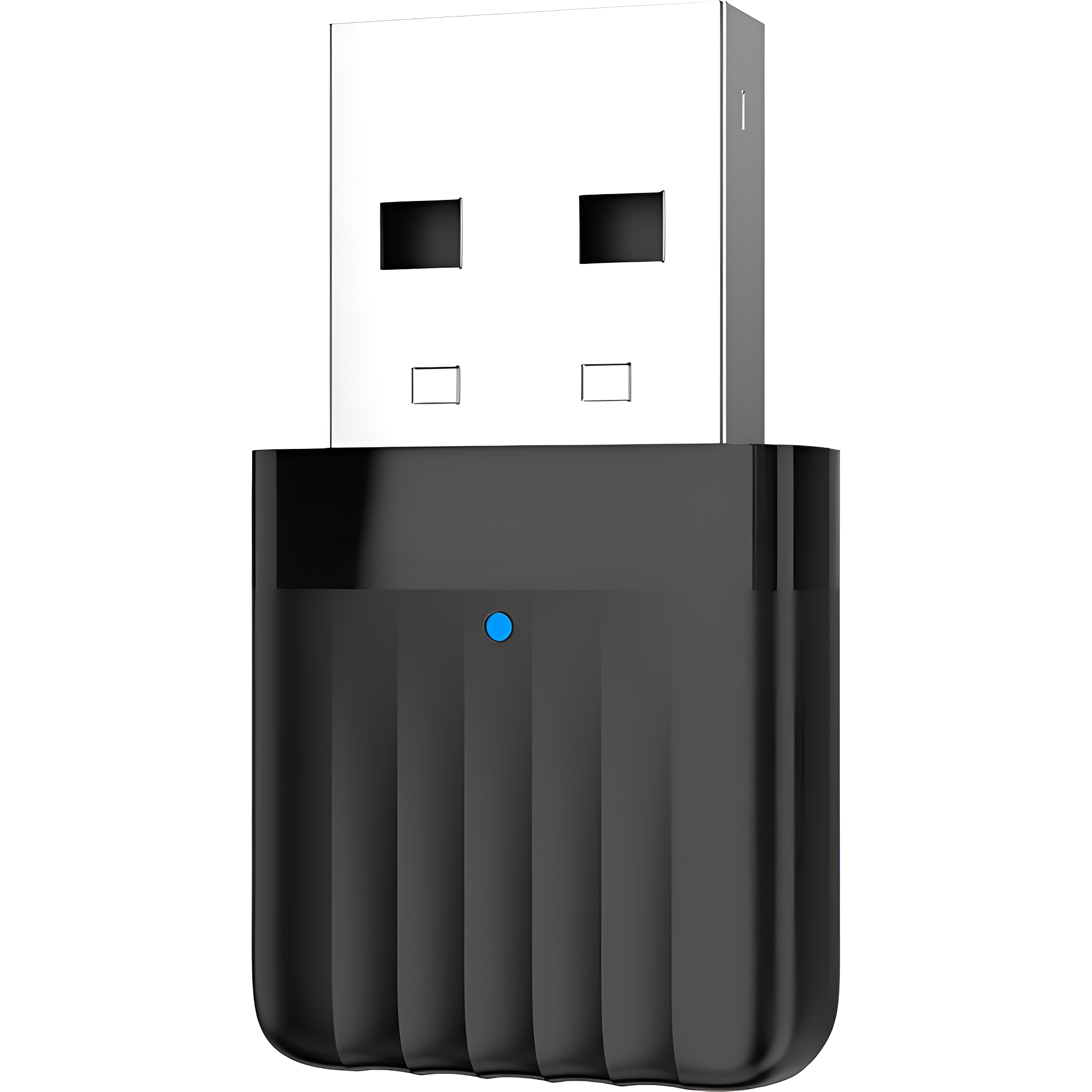 Schwarzer und silberner USB-Adapter. Er hat einen USB-Anschluss und ein blaues Licht. Der Körper ist schwarz.